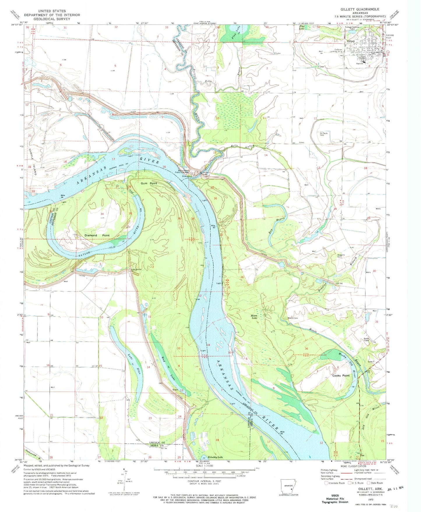 Classic USGS Gillett Arkansas 7.5'x7.5' Topo Map Image