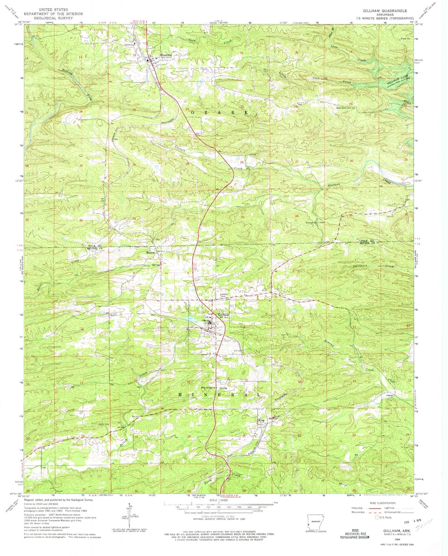 Classic USGS Gillham Arkansas 7.5'x7.5' Topo Map Image