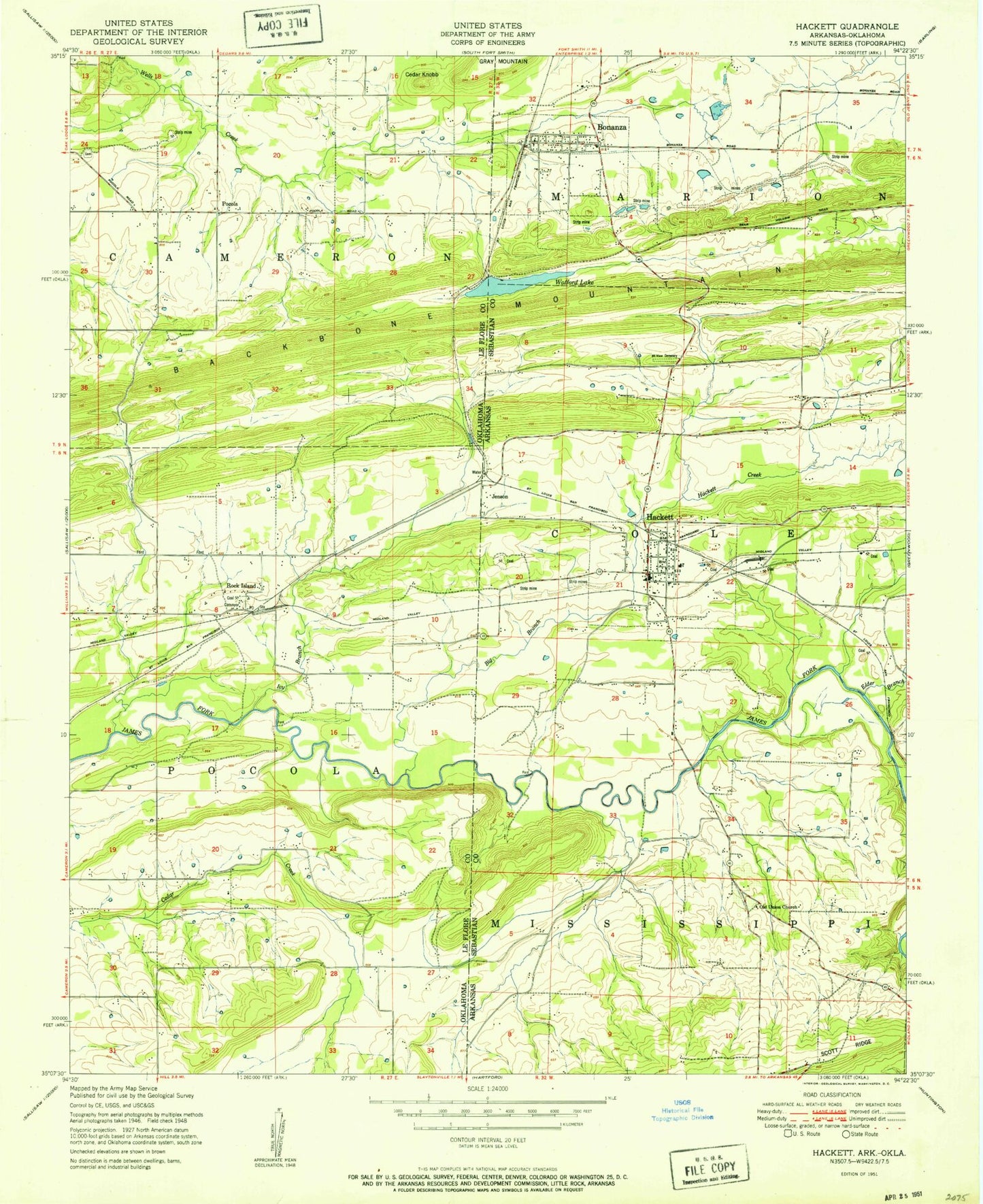 Classic USGS Hackett Arkansas 7.5'x7.5' Topo Map Image