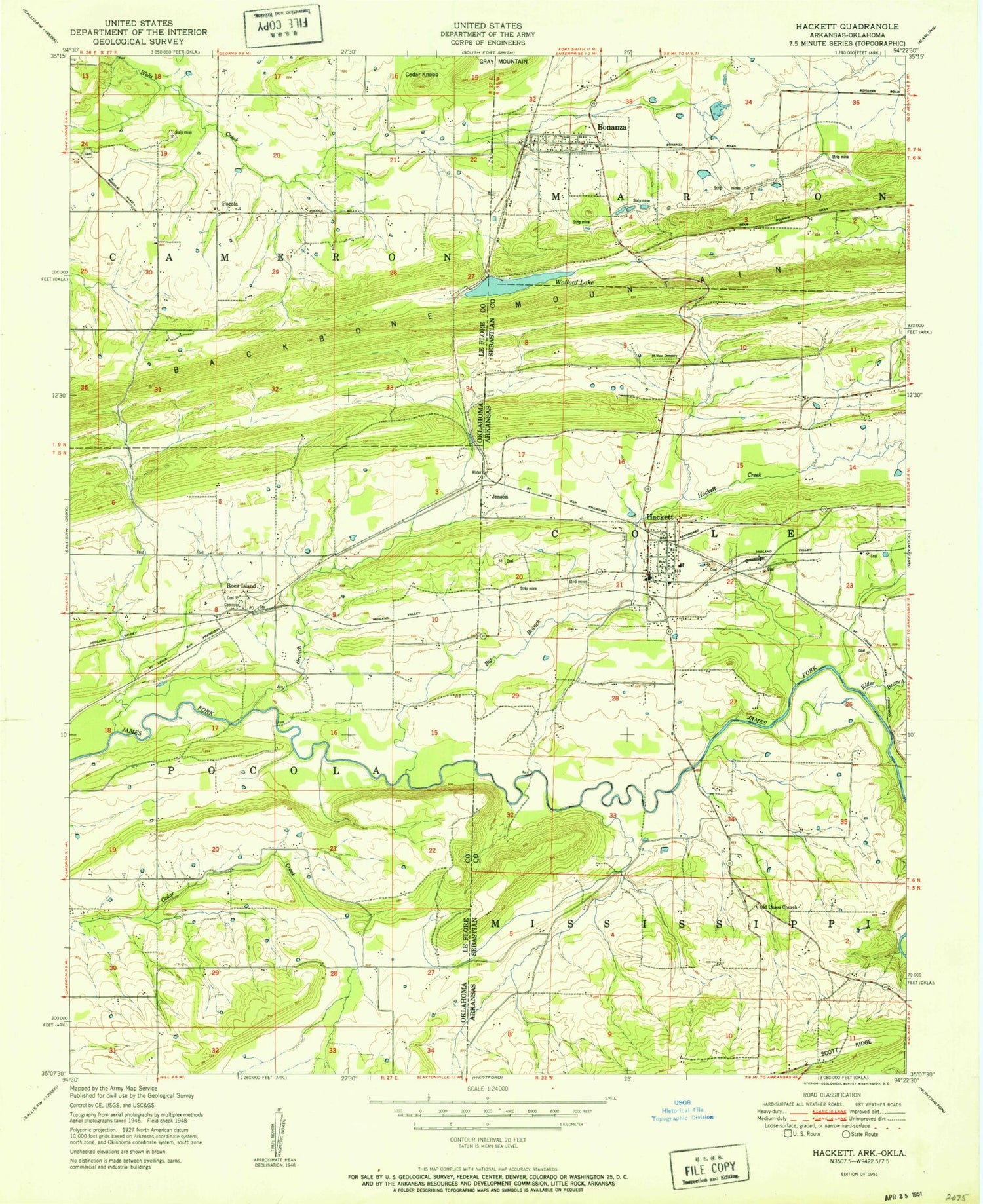 Classic USGS Hackett Arkansas 7.5'x7.5' Topo Map Image