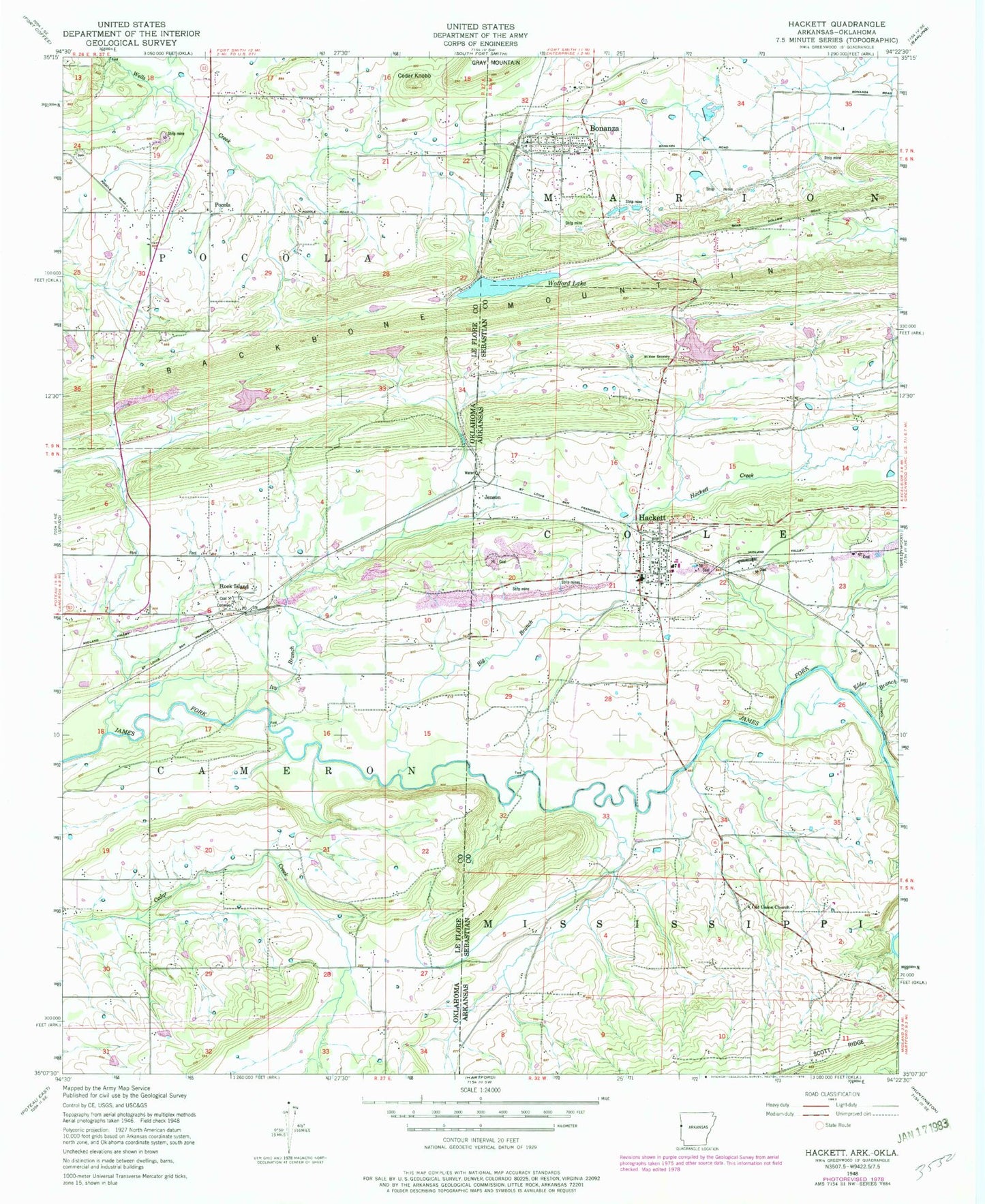 Classic USGS Hackett Arkansas 7.5'x7.5' Topo Map Image