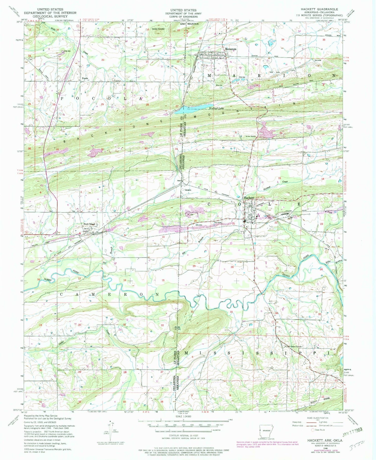 Classic USGS Hackett Arkansas 7.5'x7.5' Topo Map Image