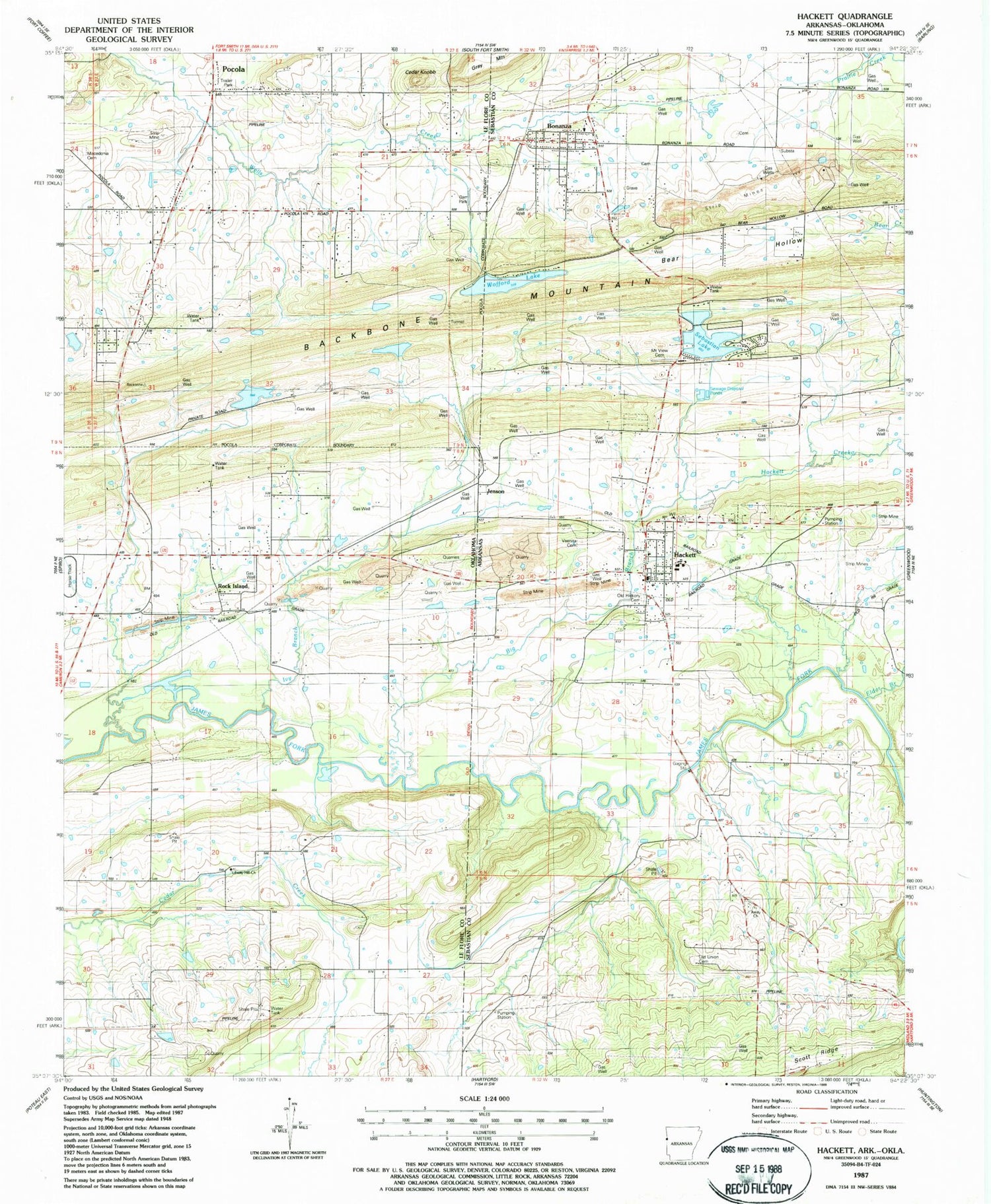 Classic USGS Hackett Arkansas 7.5'x7.5' Topo Map Image