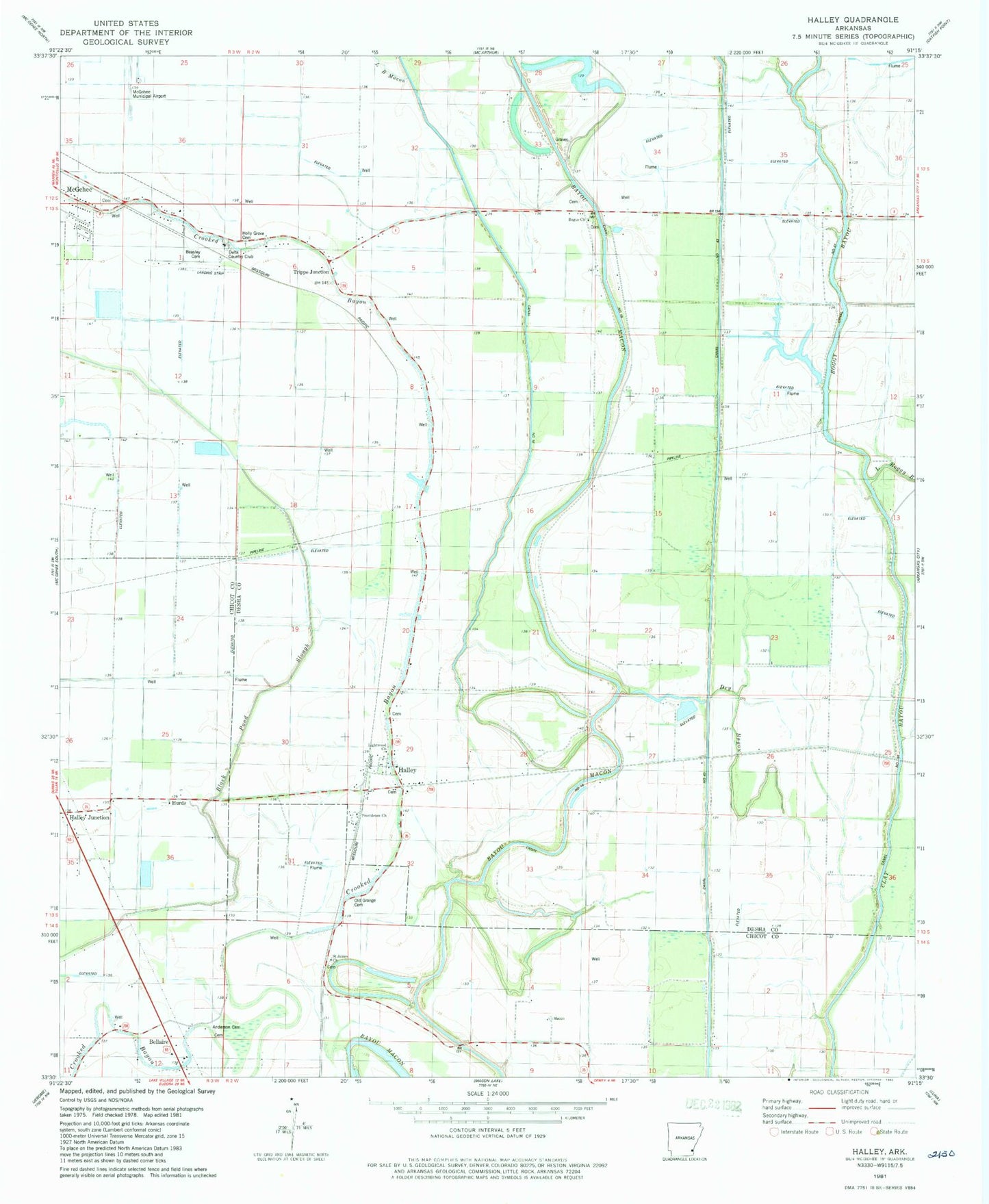 Classic USGS Halley Arkansas 7.5'x7.5' Topo Map Image