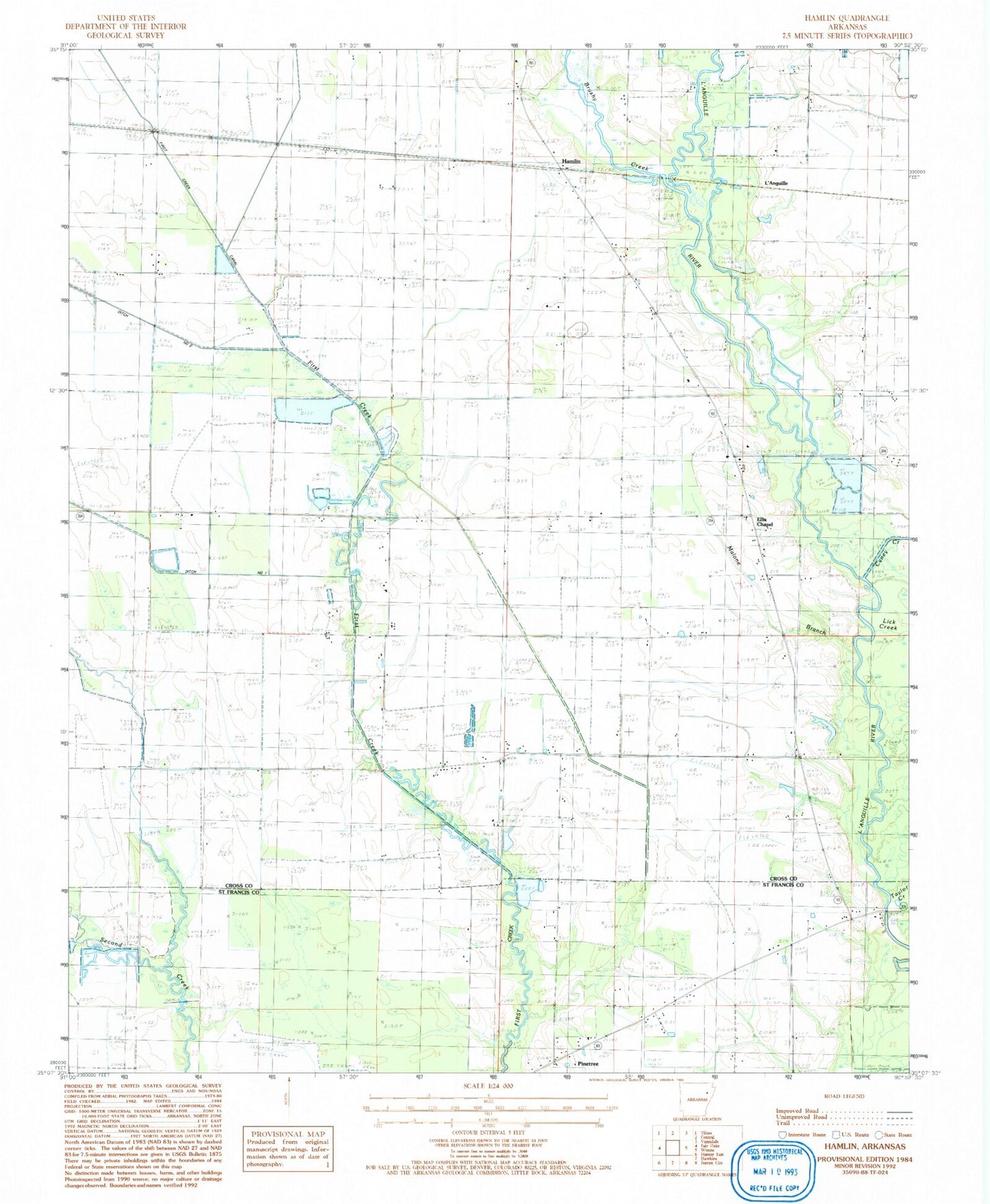Classic USGS Hamlin Arkansas 7.5'x7.5' Topo Map Image