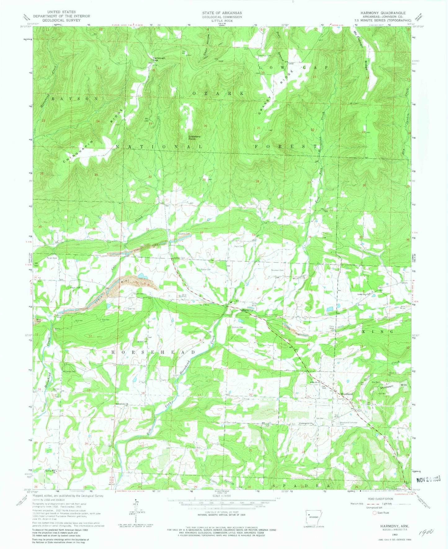 Classic USGS Harmony Arkansas 7.5'x7.5' Topo Map Image