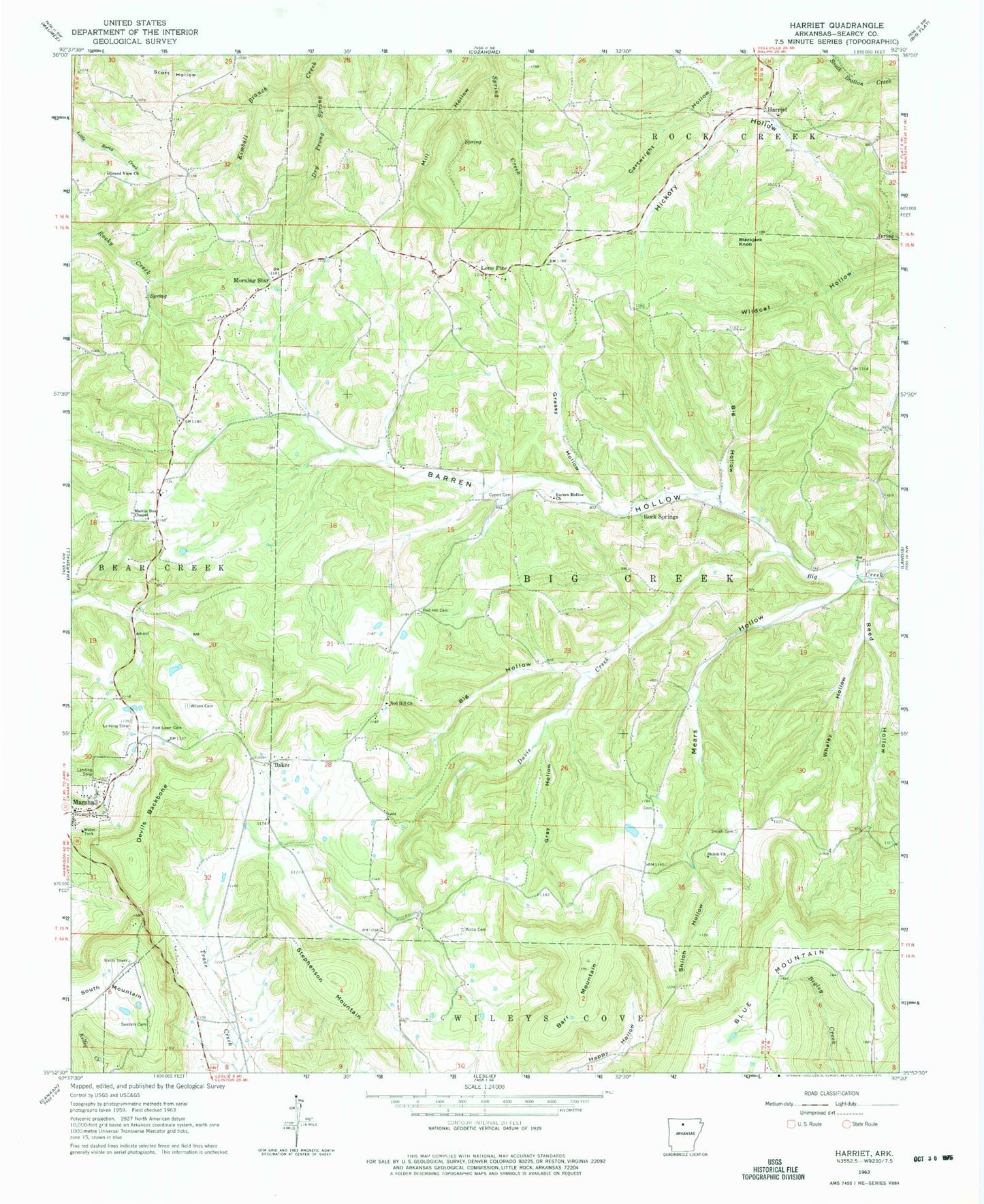 Classic USGS Harriet Arkansas 7.5'x7.5' Topo Map Image