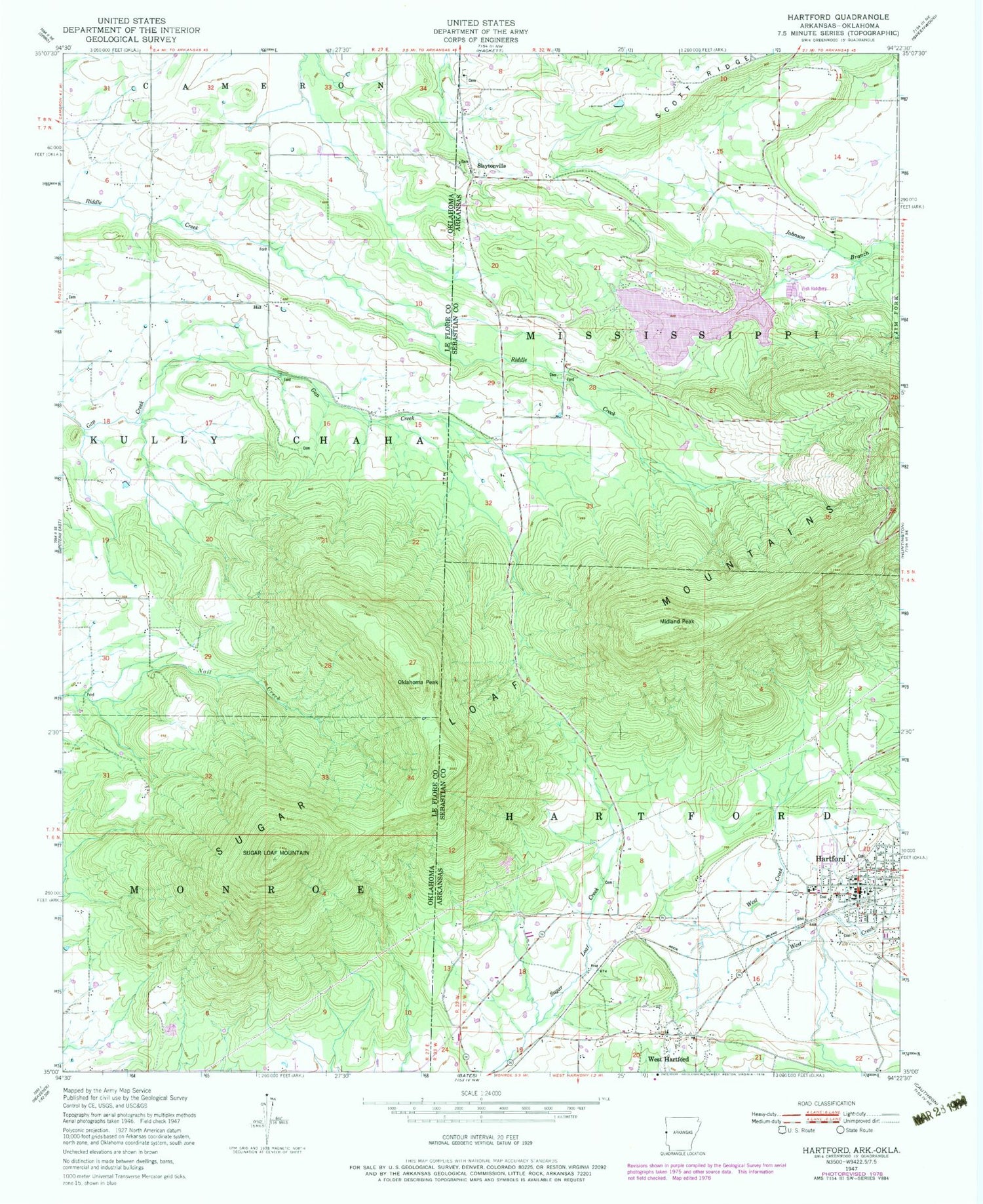 Classic USGS Hartford Arkansas 7.5'x7.5' Topo Map Image