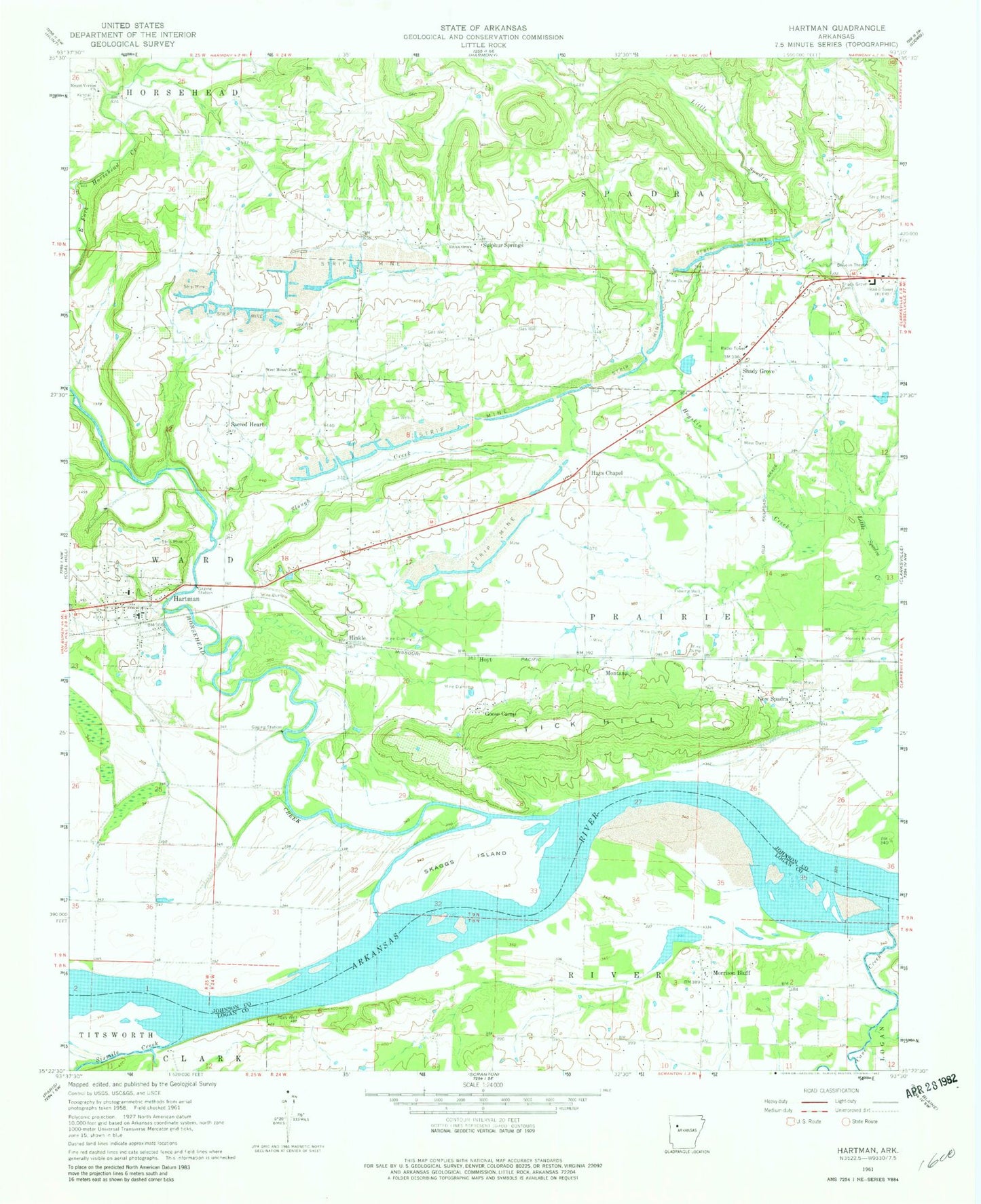 Classic USGS Hartman Arkansas 7.5'x7.5' Topo Map Image