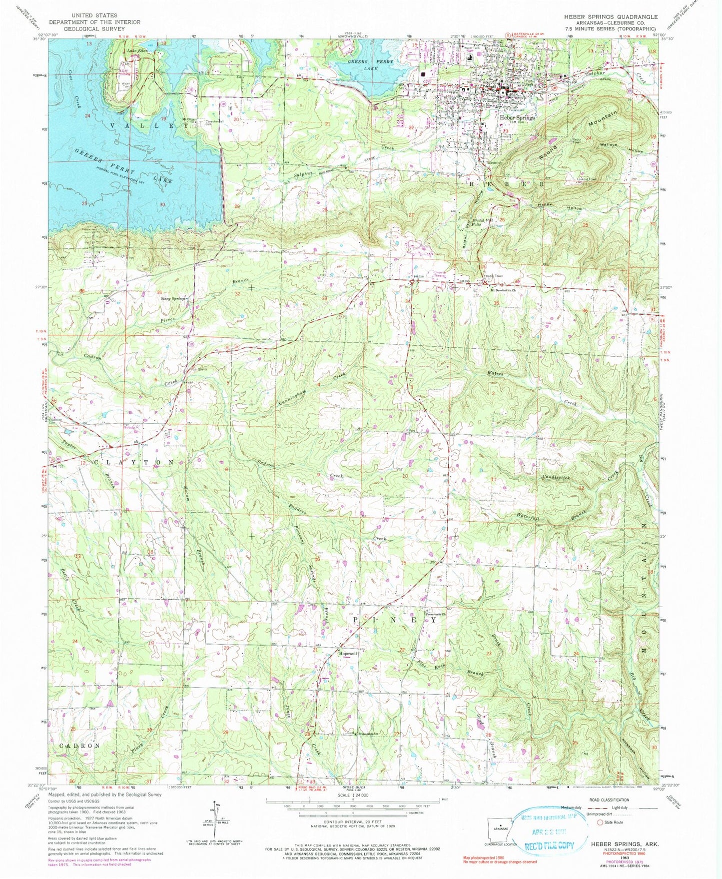 Classic USGS Heber Springs Arkansas 7.5'x7.5' Topo Map Image