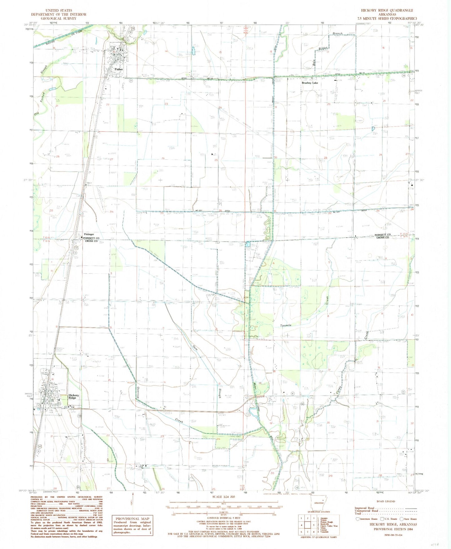 Classic USGS Hickory Ridge Arkansas 7.5'x7.5' Topo Map Image