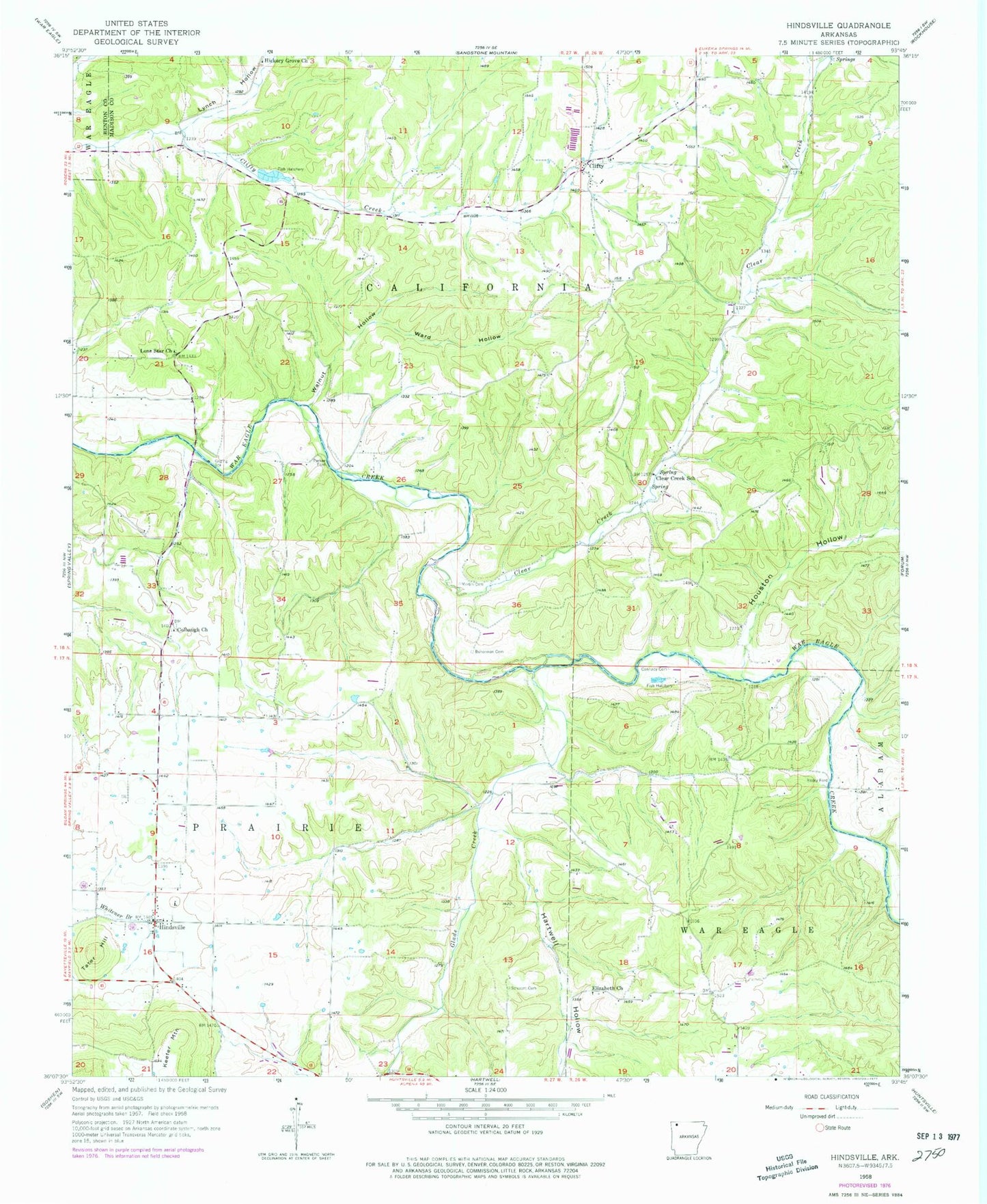 Classic USGS Hindsville Arkansas 7.5'x7.5' Topo Map Image