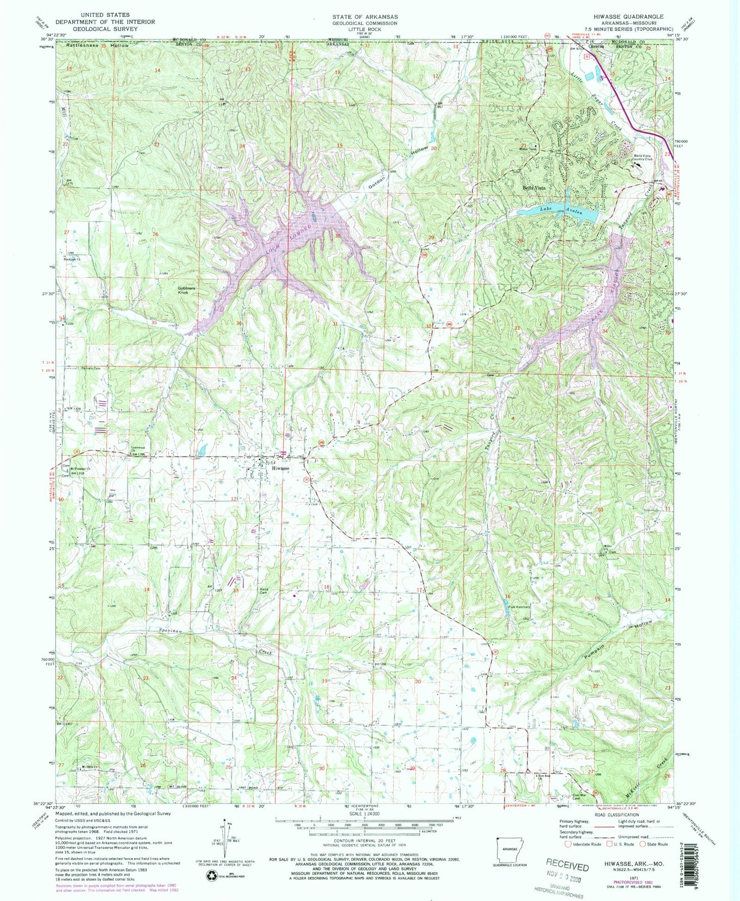 Classic USGS Hiwasse Arkansas 7.5'x7.5' Topo Map Image