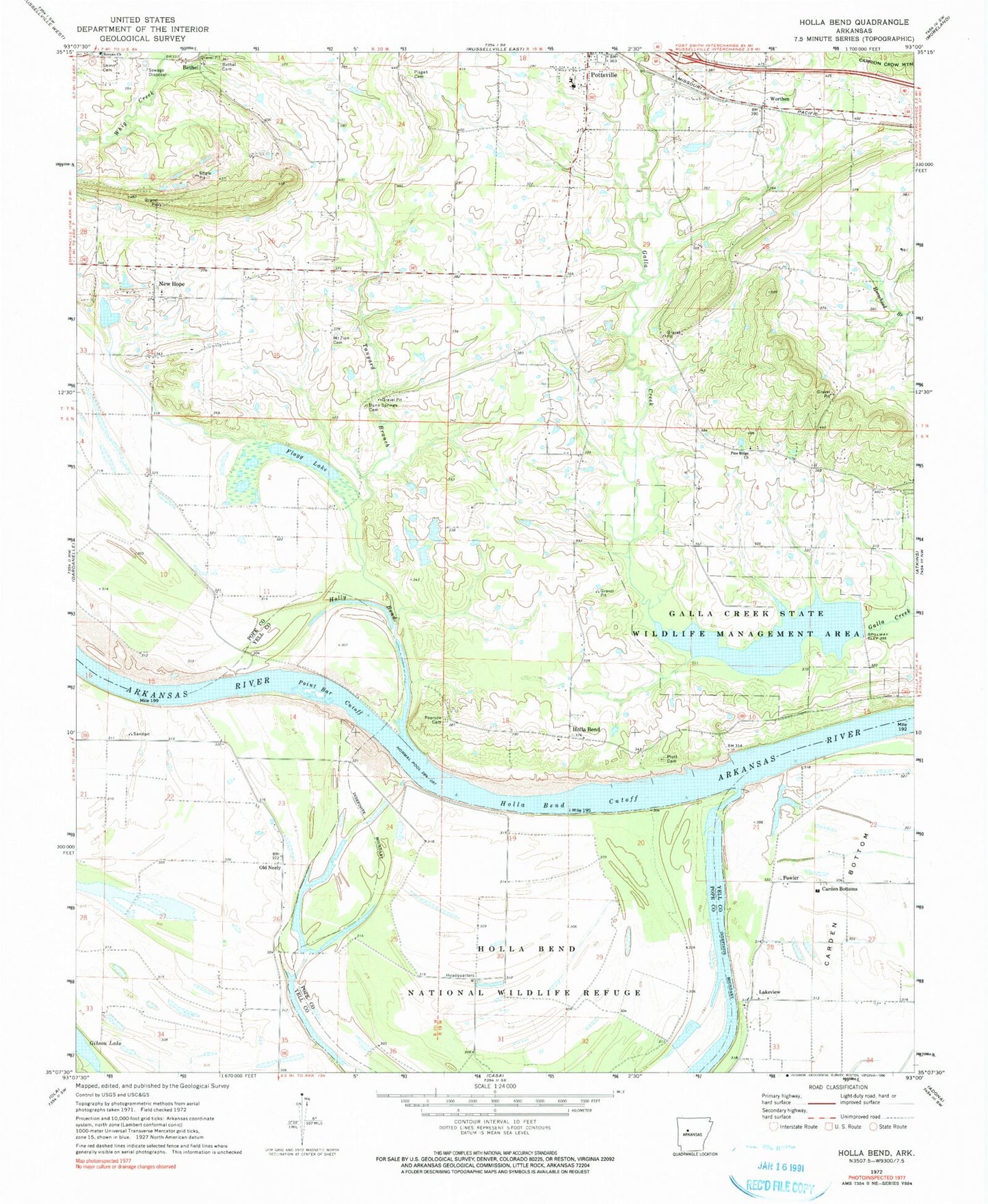 Classic USGS Holla Bend Arkansas 7.5'x7.5' Topo Map Image