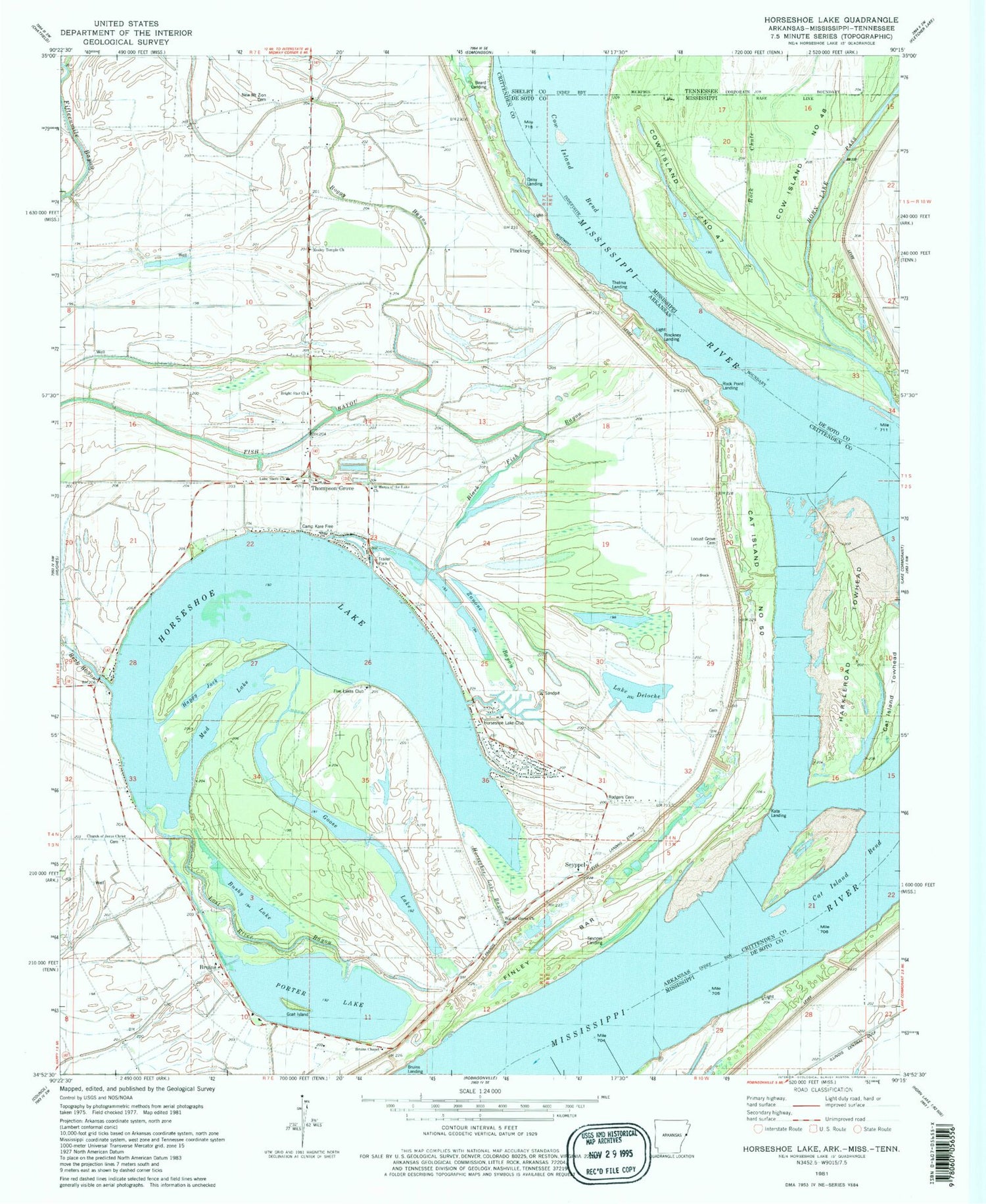 Classic USGS Horseshoe Lake Arkansas 7.5'x7.5' Topo Map Image