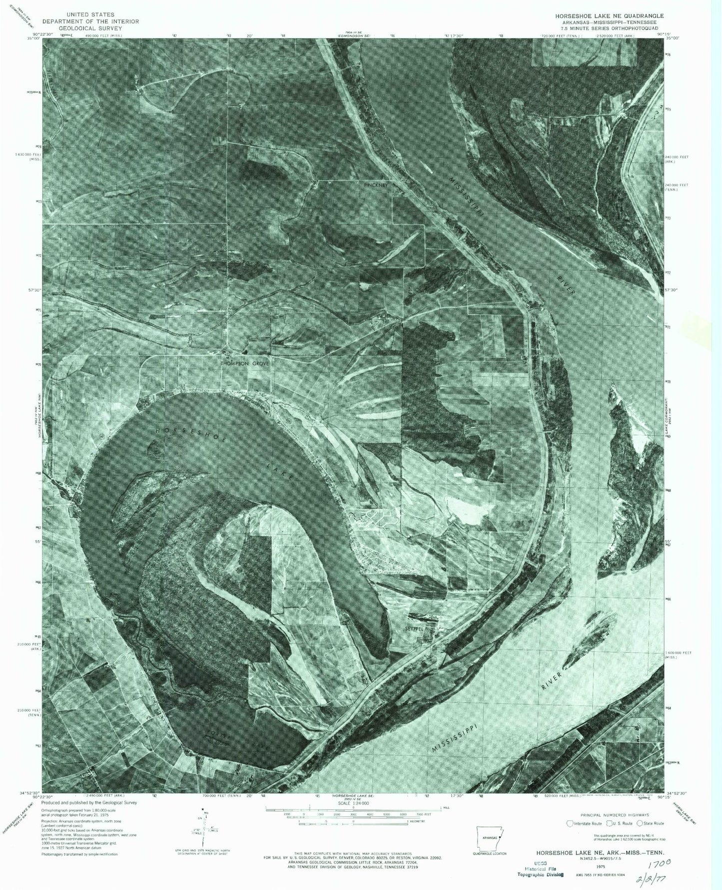 Classic USGS Horseshoe Lake Arkansas 7.5'x7.5' Topo Map Image