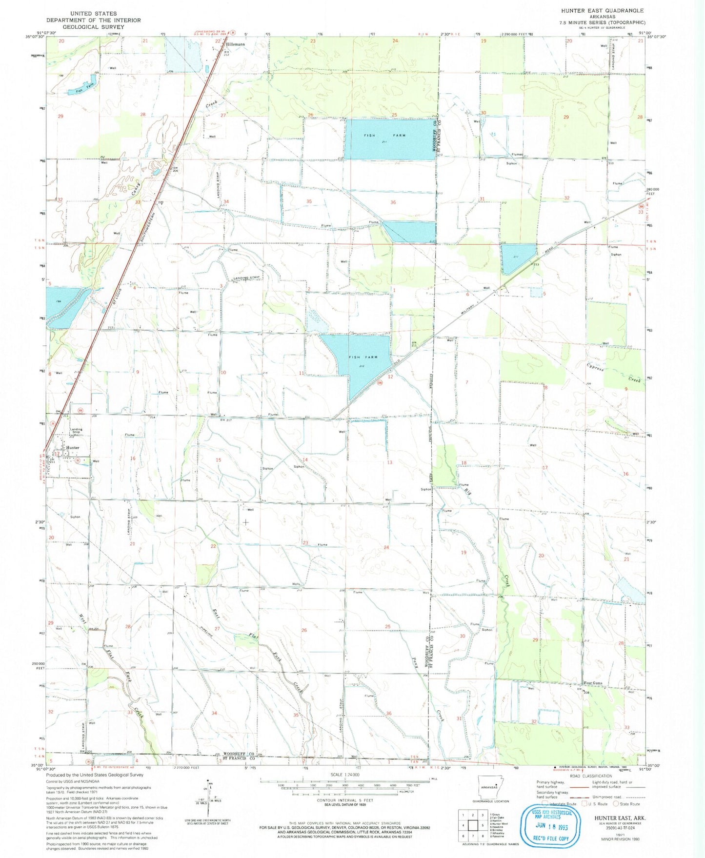 Classic USGS Hunter East Arkansas 7.5'x7.5' Topo Map Image