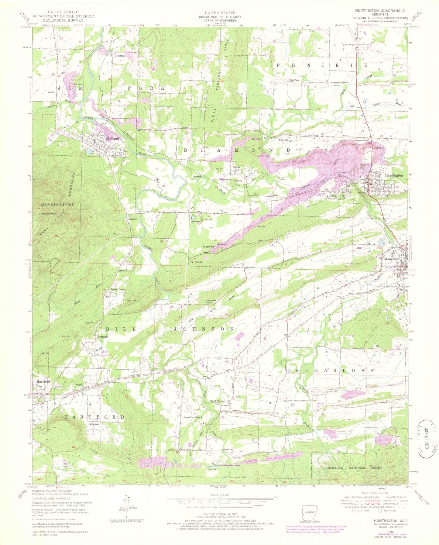 Classic USGS Huntington Arkansas 7.5'x7.5' Topo Map Image