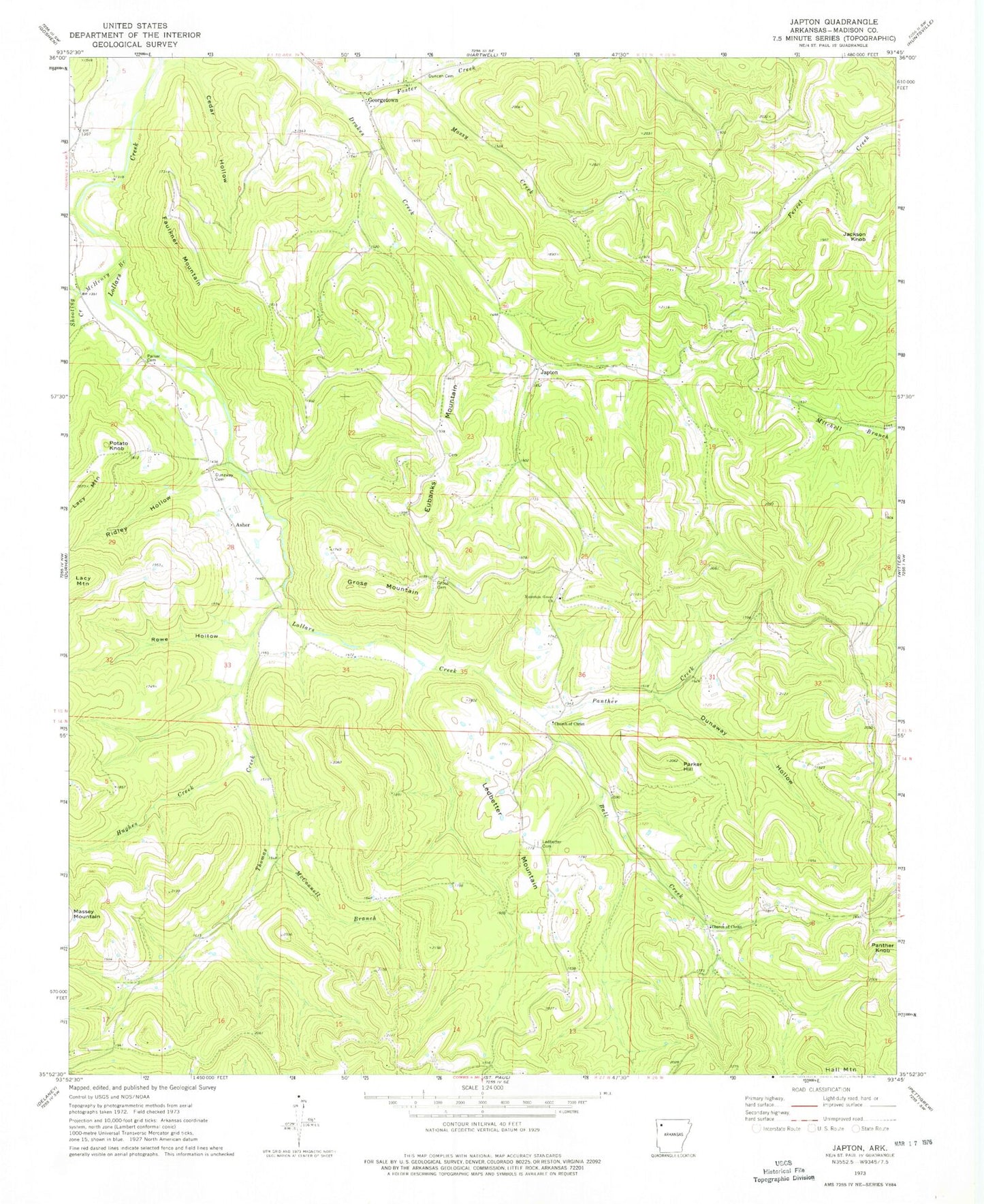 Classic USGS Japton Arkansas 7.5'x7.5' Topo Map Image