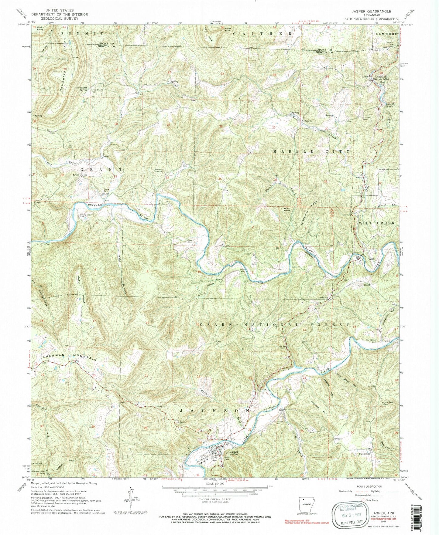 Classic USGS Jasper Arkansas 7.5'x7.5' Topo Map Image