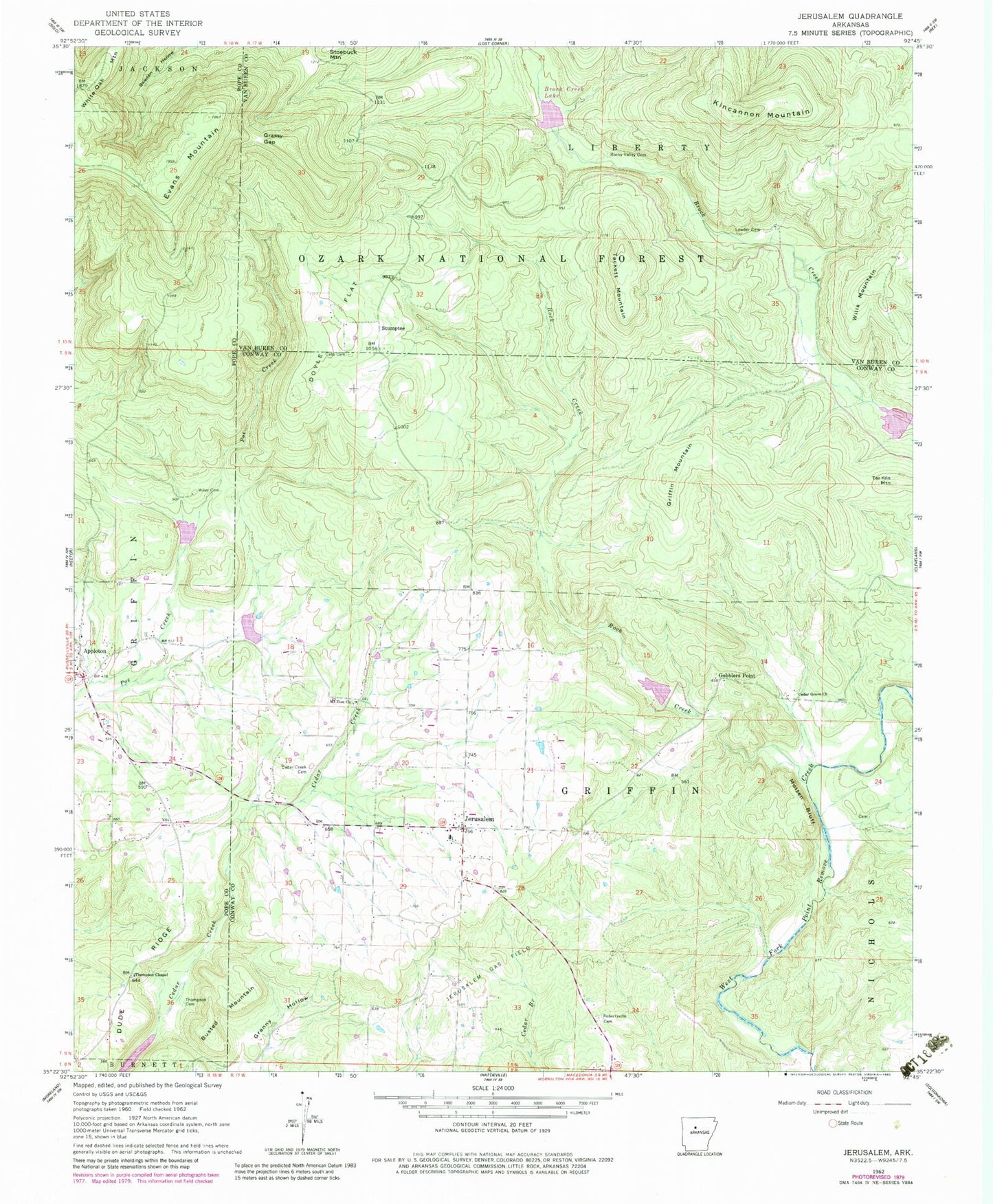 Classic USGS Jerusalem Arkansas 7.5'x7.5' Topo Map Image