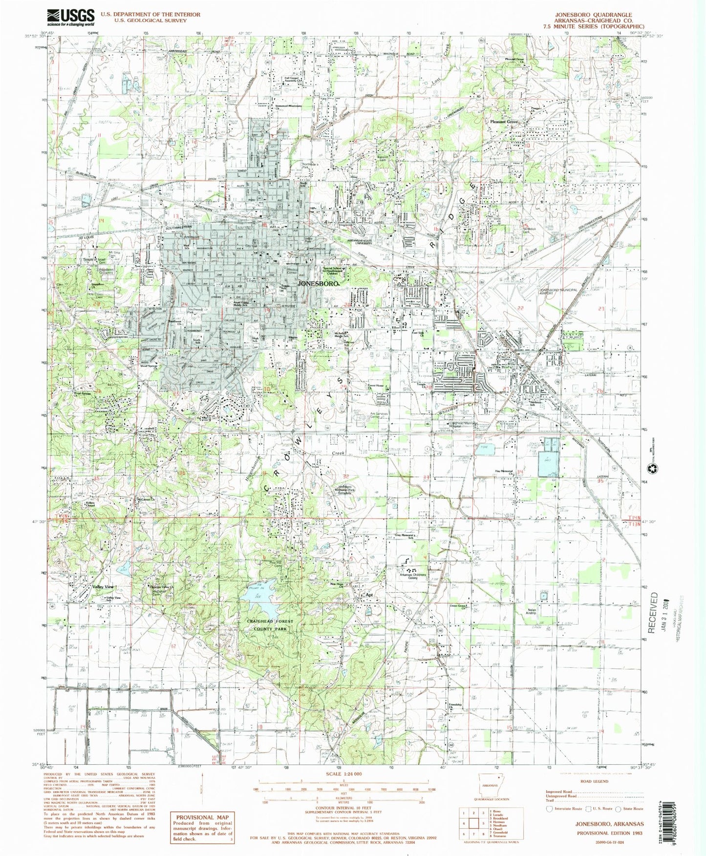Classic USGS Jonesboro Arkansas 7.5'x7.5' Topo Map Image