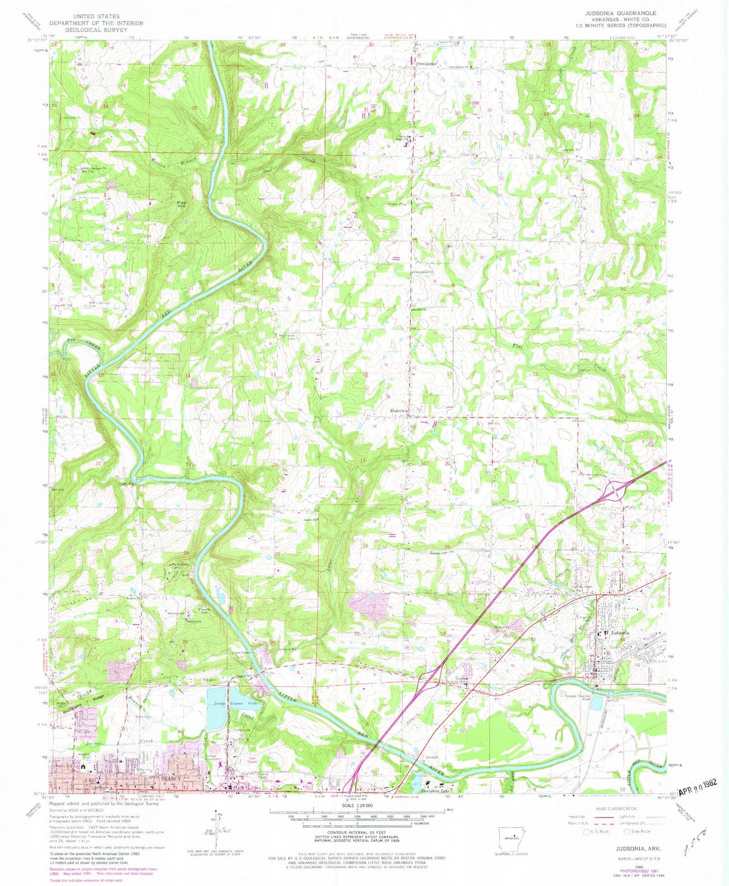 Classic USGS Judsonia Arkansas 7.5'x7.5' Topo Map Image