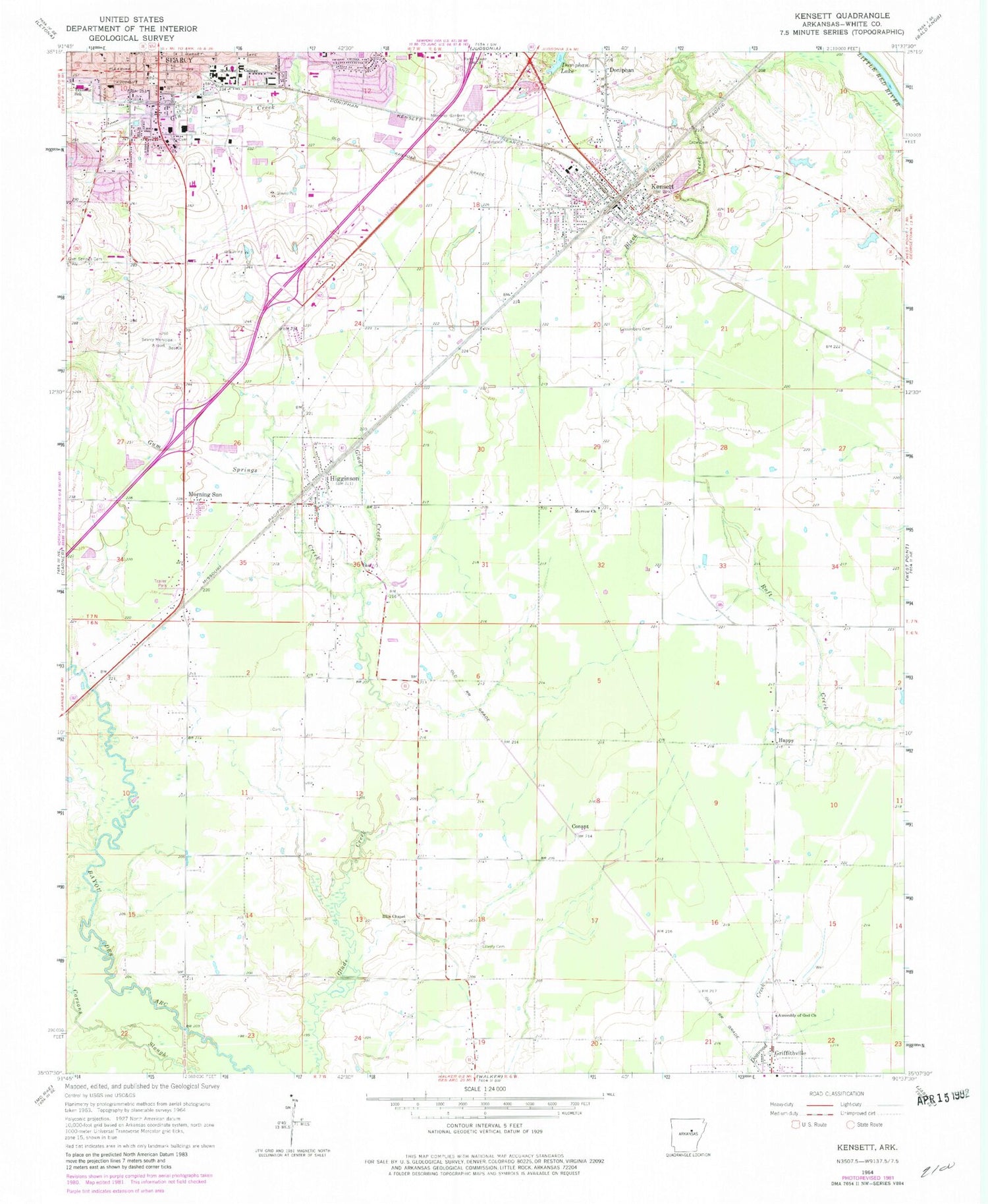 Classic USGS Kensett Arkansas 7.5'x7.5' Topo Map Image