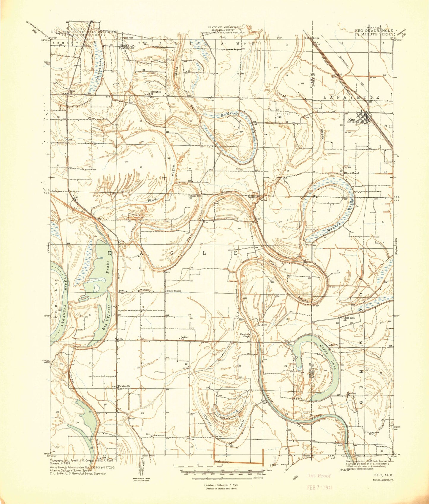 Classic USGS Keo Arkansas 7.5'x7.5' Topo Map Image