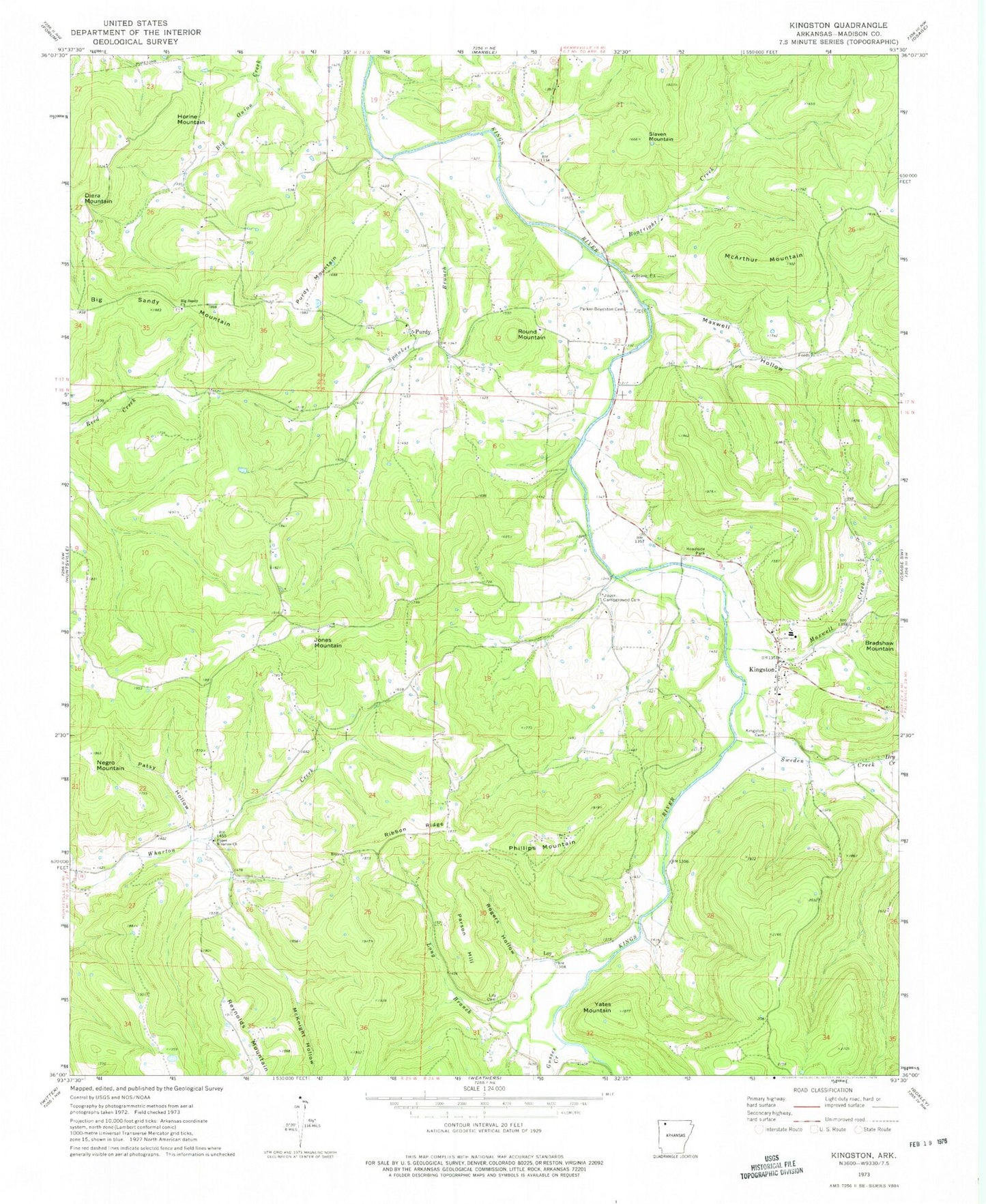 Classic USGS Kingston Arkansas 7.5'x7.5' Topo Map Image