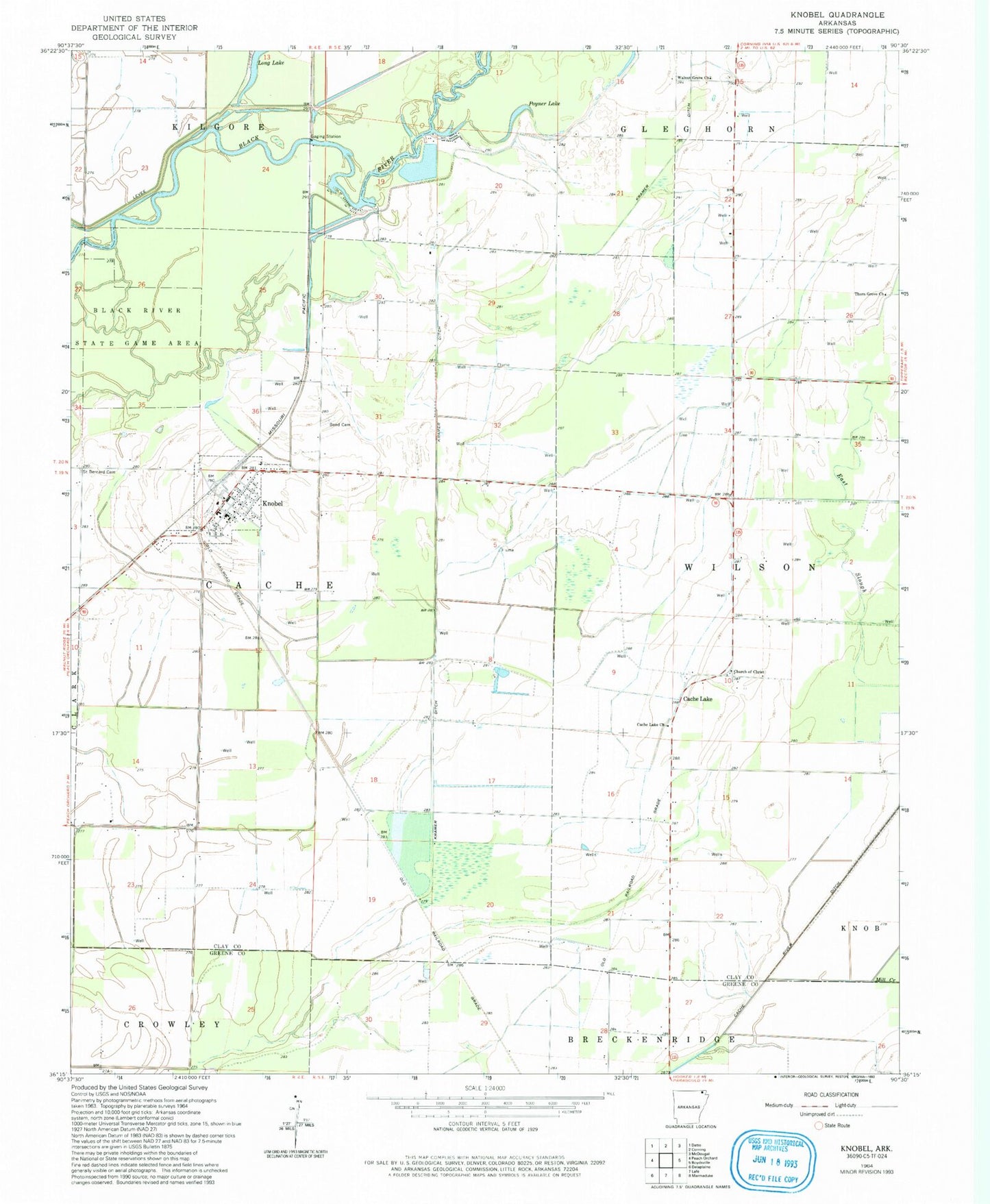 Classic USGS Knobel Arkansas 7.5'x7.5' Topo Map Image