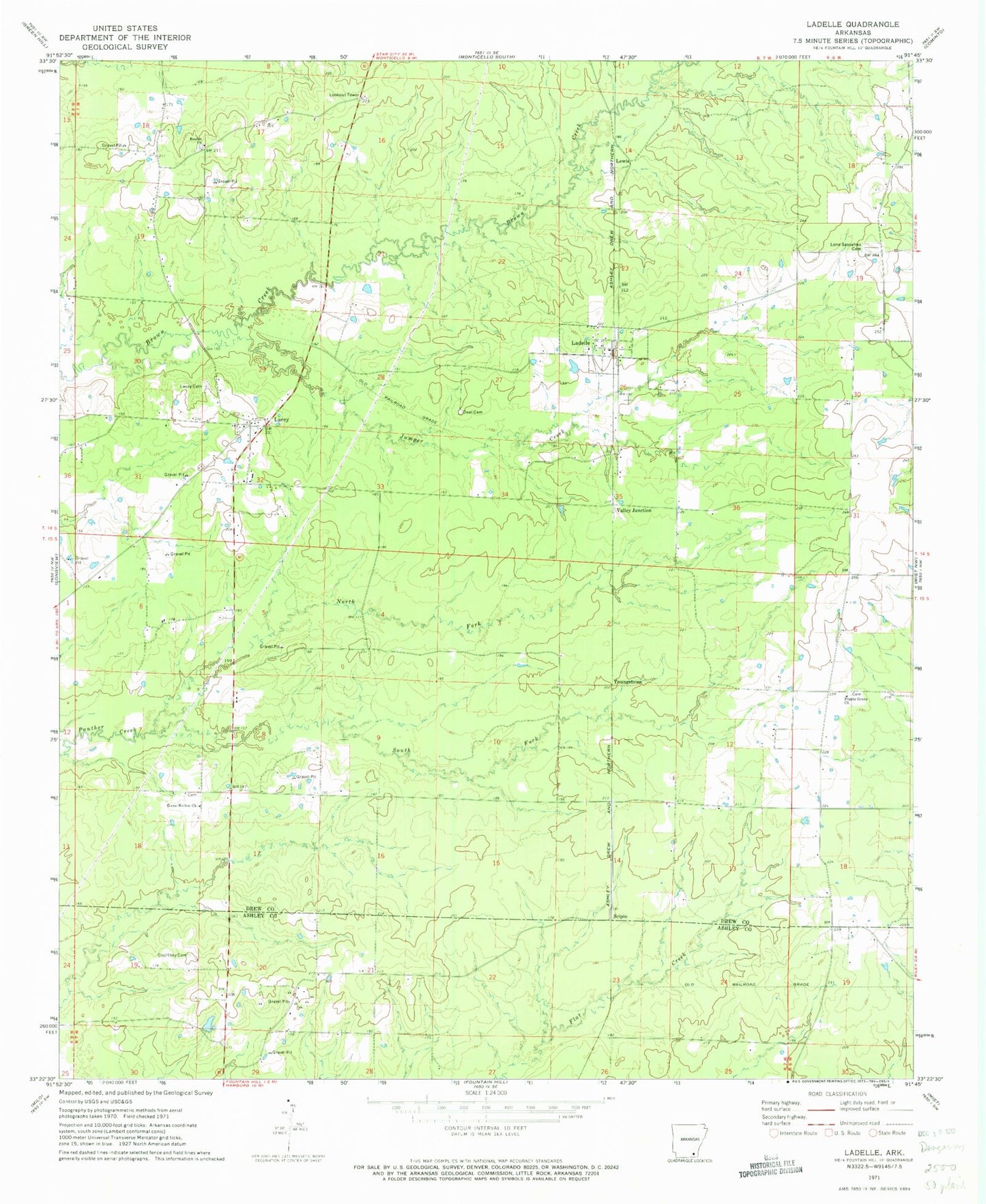 Classic USGS Ladelle Arkansas 7.5'x7.5' Topo Map Image