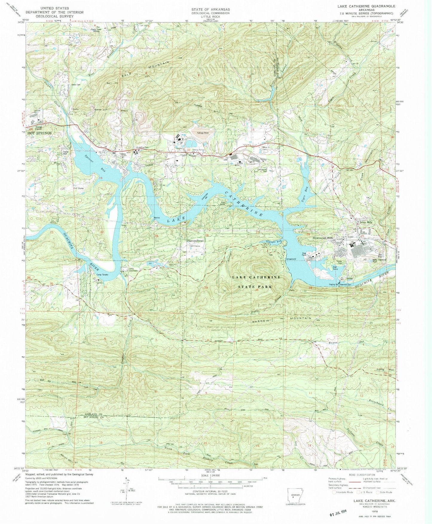 Classic USGS Lake Catherine Arkansas 7.5'x7.5' Topo Map Image