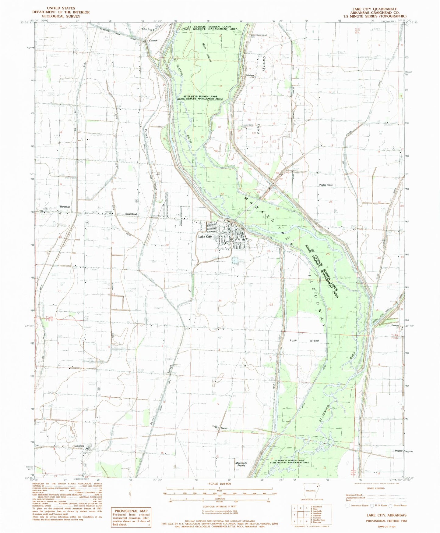 Classic USGS Lake City Arkansas 7.5'x7.5' Topo Map Image
