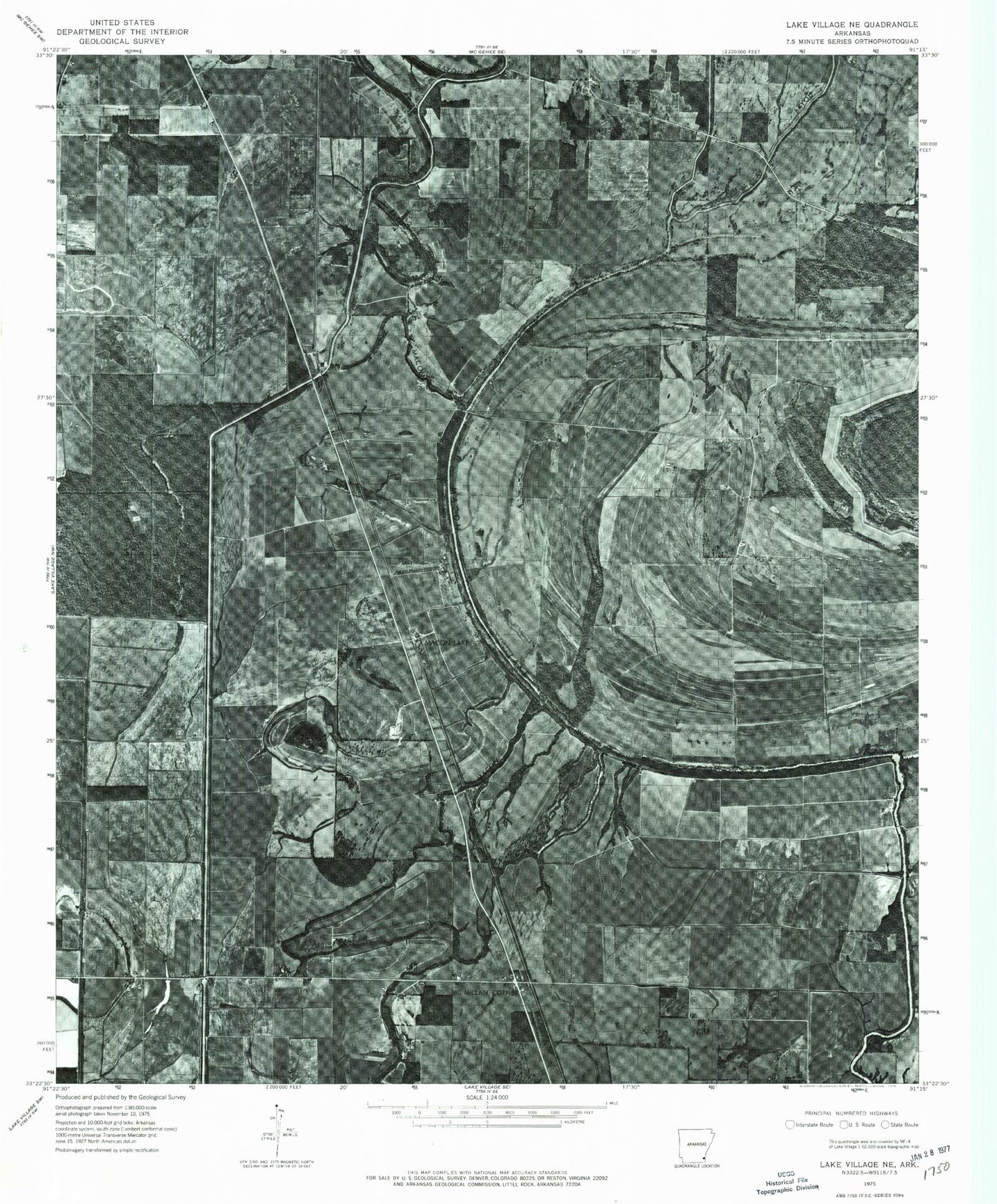 Classic USGS Macon Lake Arkansas 7.5'x7.5' Topo Map Image