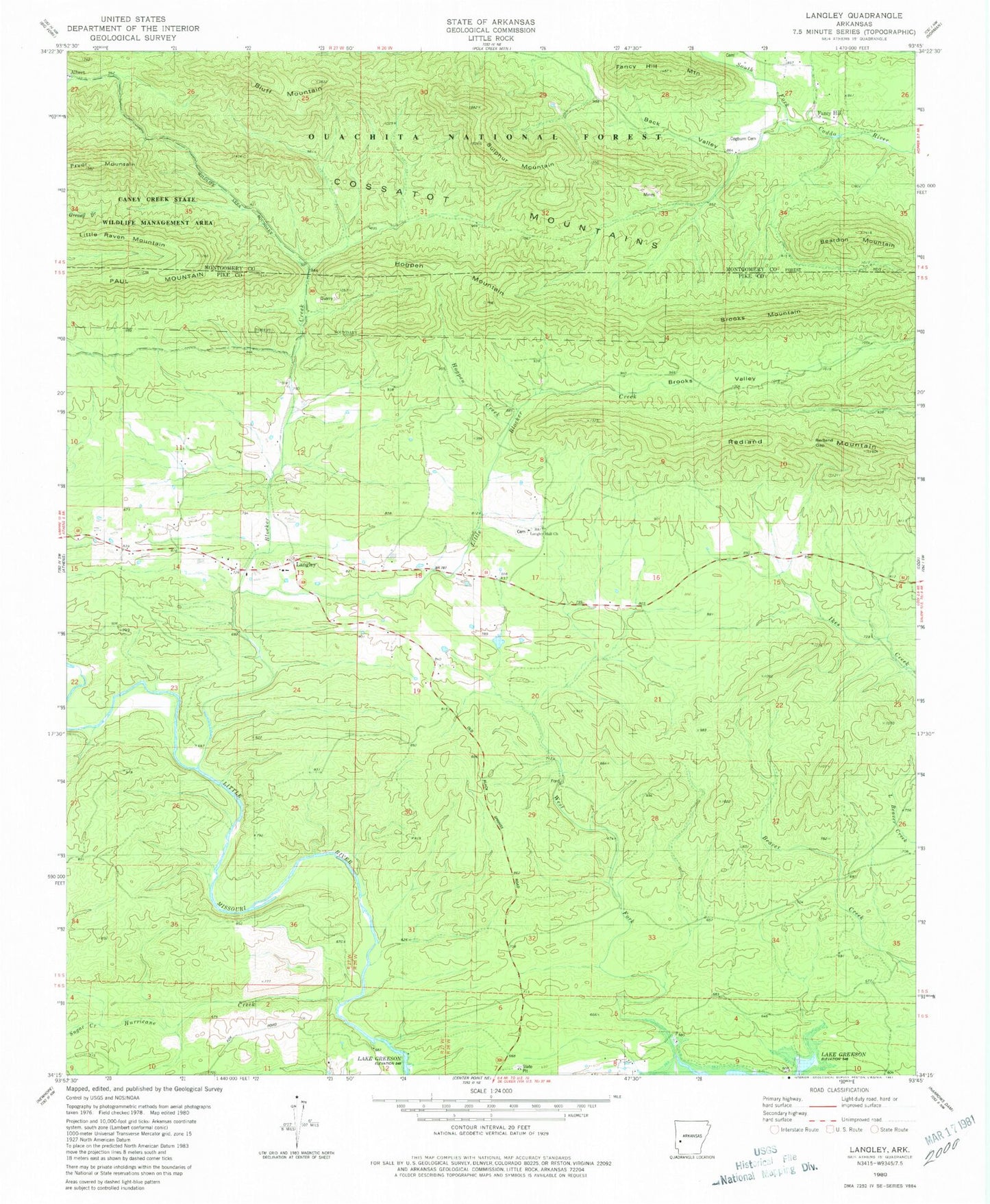 Classic USGS Langley Arkansas 7.5'x7.5' Topo Map Image
