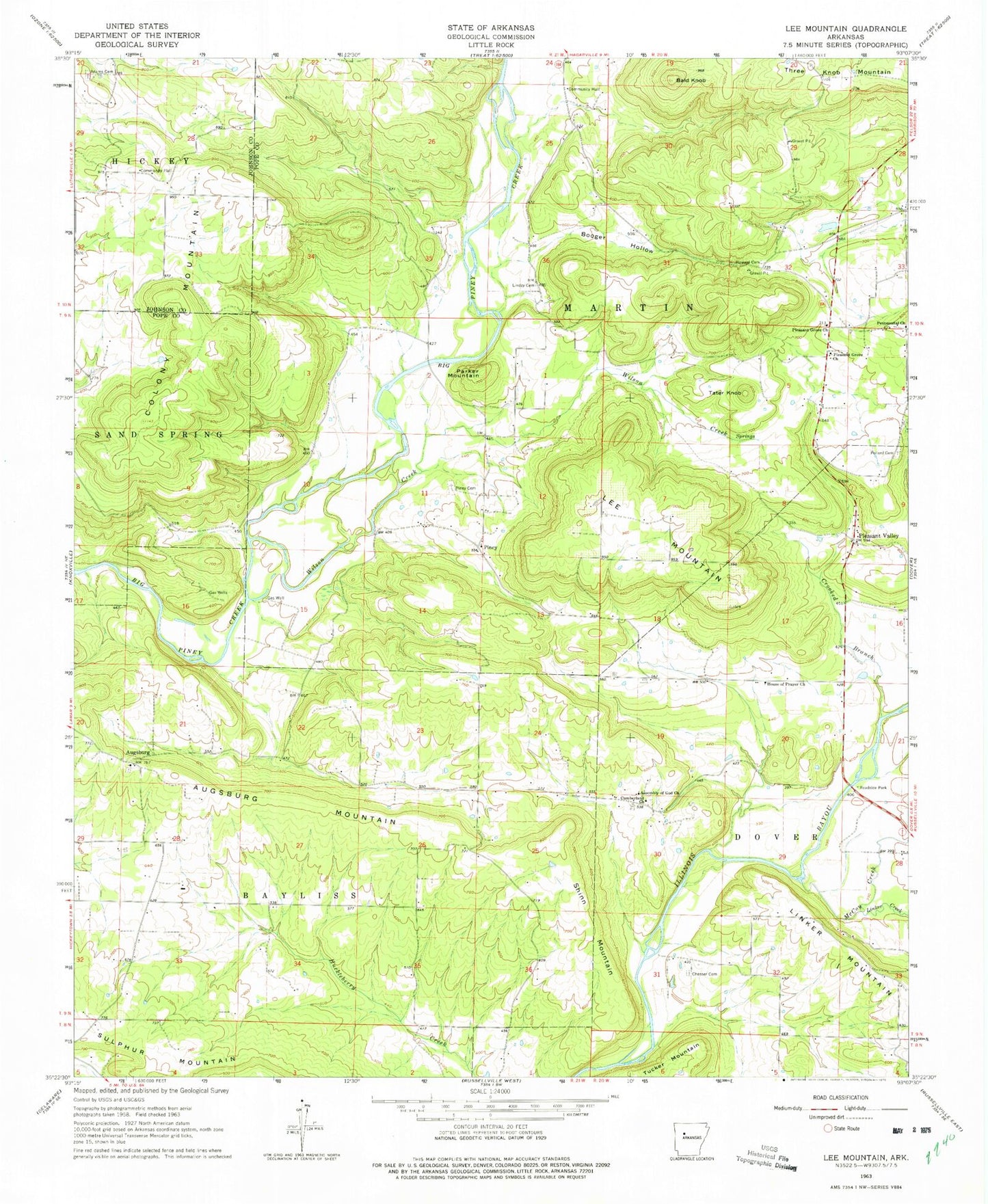 Classic USGS Lee Mountain Arkansas 7.5'x7.5' Topo Map Image
