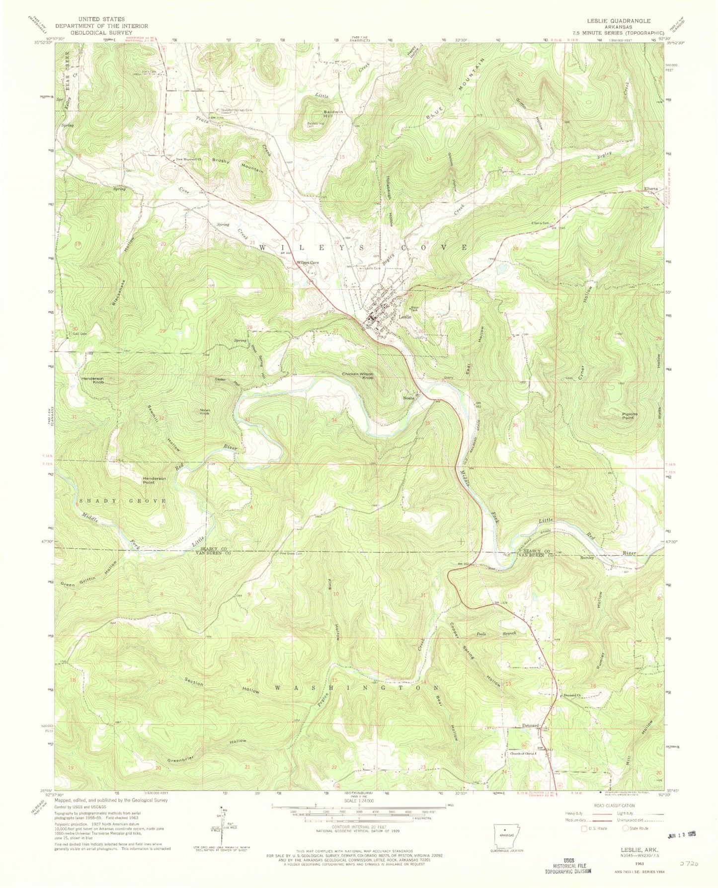 Classic USGS Leslie Arkansas 7.5'x7.5' Topo Map Image