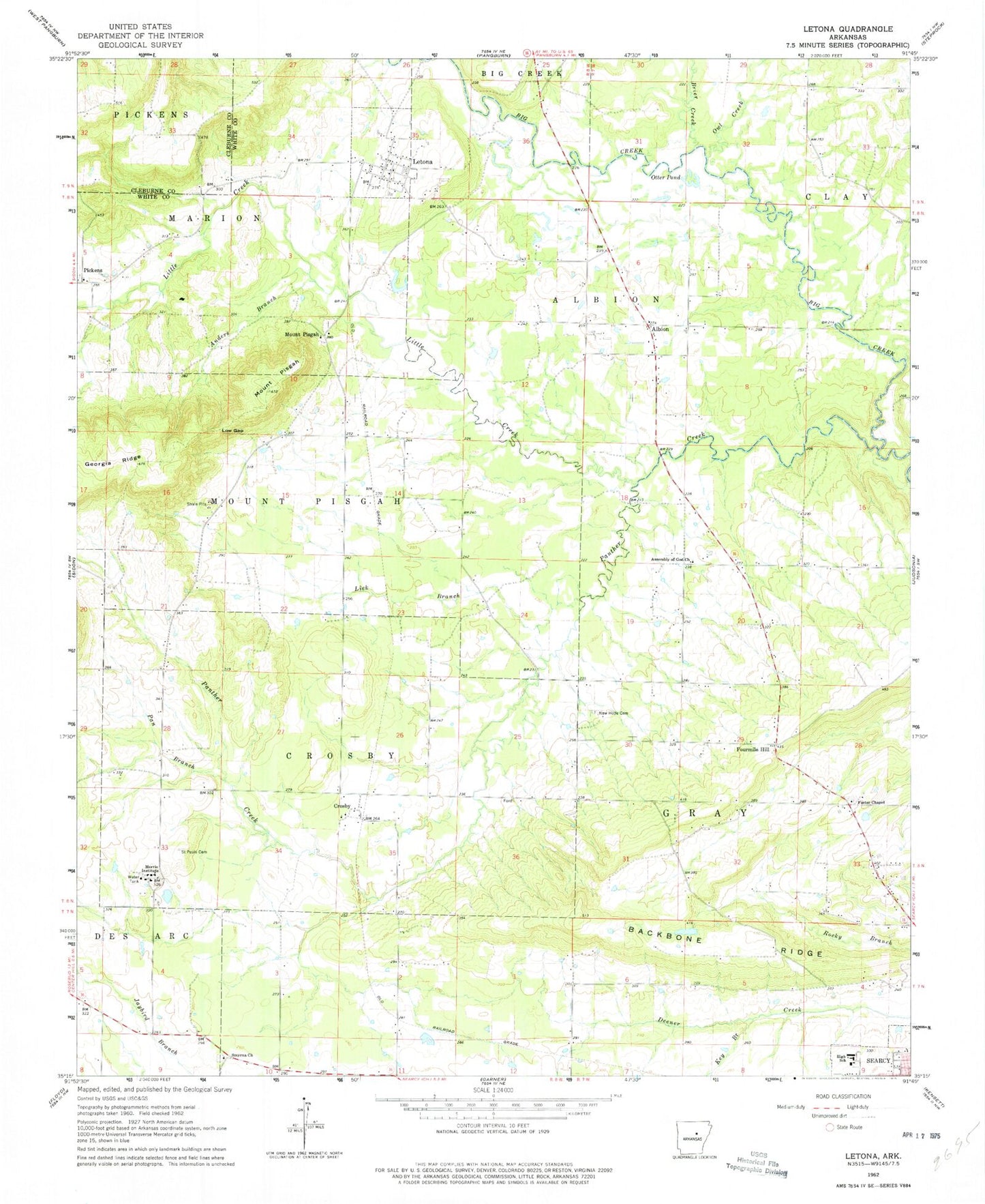 Classic USGS Letona Arkansas 7.5'x7.5' Topo Map Image