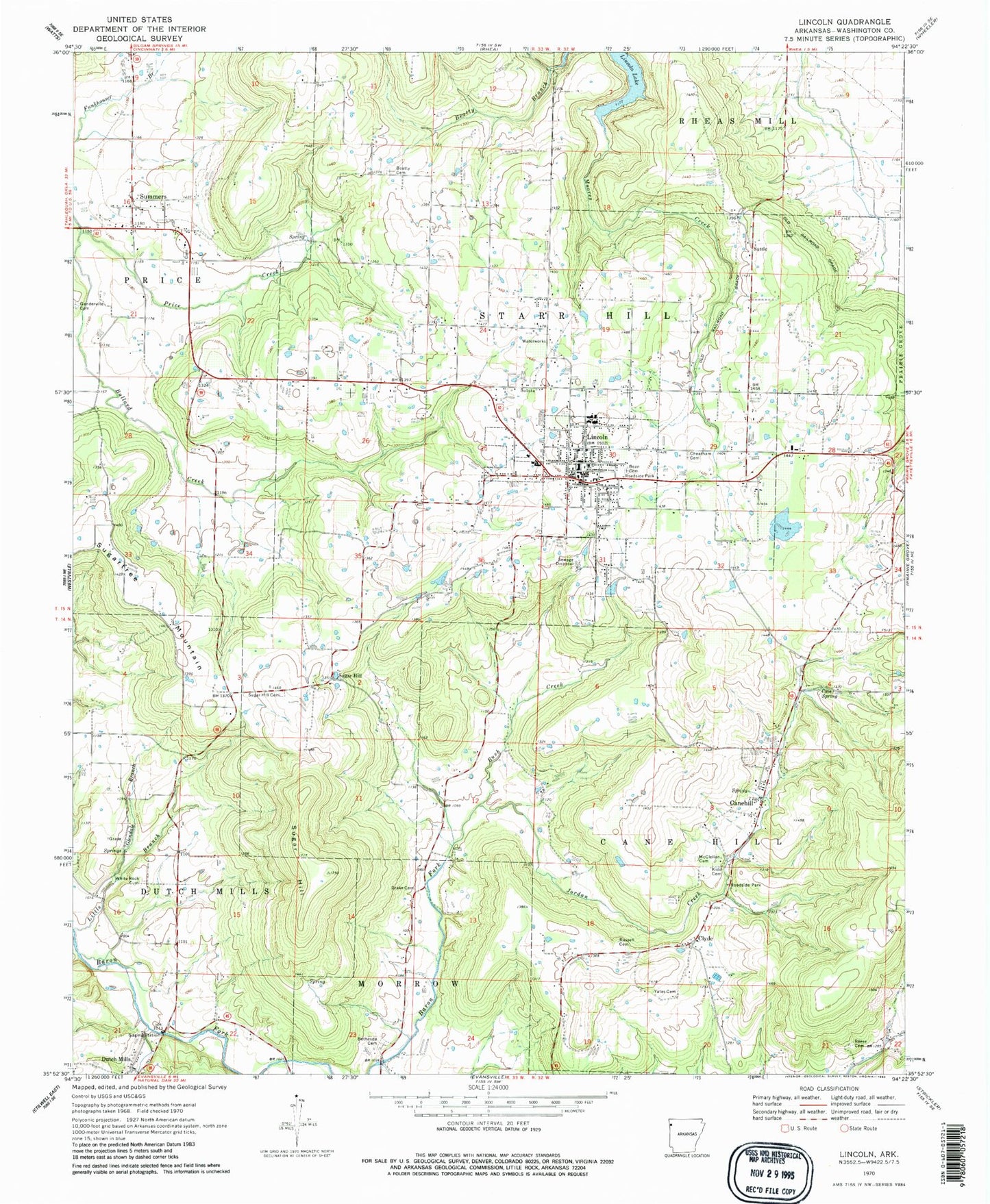 Classic USGS Lincoln Arkansas 7.5'x7.5' Topo Map Image