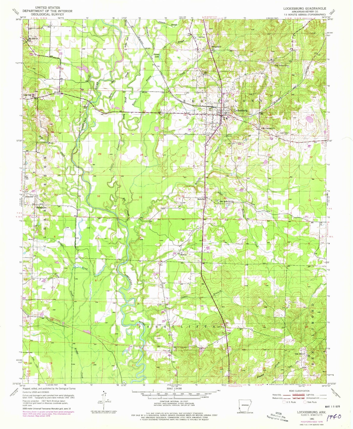 Classic USGS Lockesburg Arkansas 7.5'x7.5' Topo Map Image