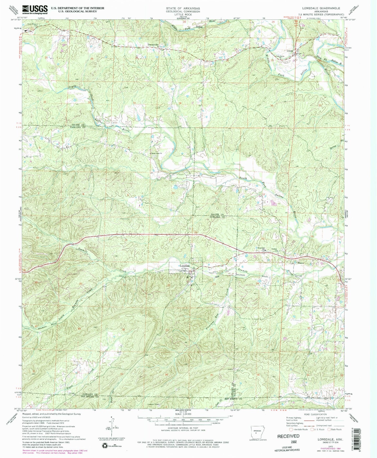 Classic USGS Lonsdale Arkansas 7.5'x7.5' Topo Map Image