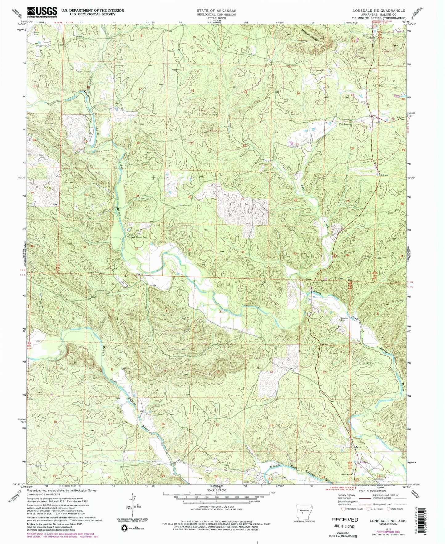 Classic USGS Lonsdale NE Arkansas 7.5'x7.5' Topo Map Image