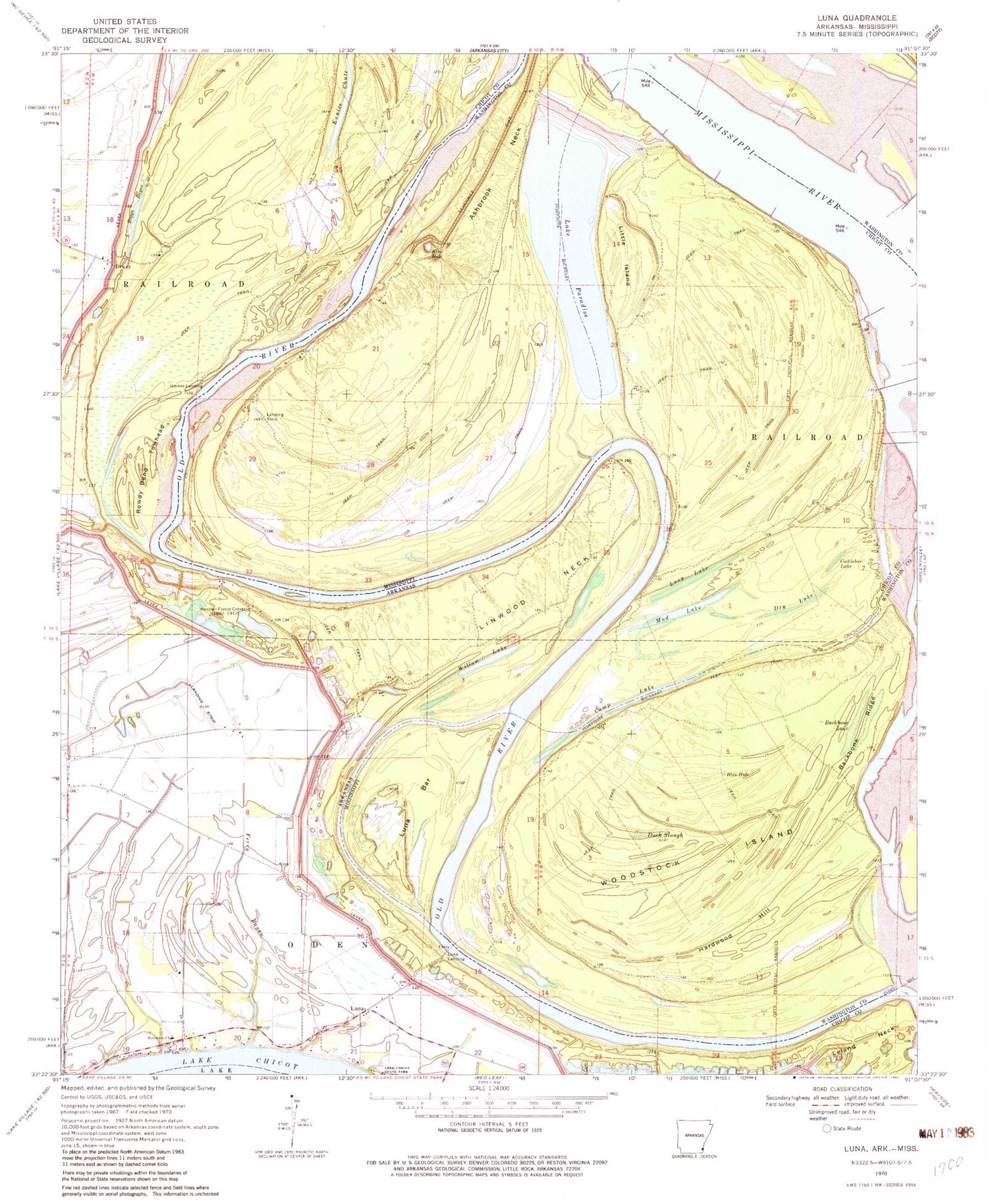 Classic USGS Luna Arkansas 7.5'x7.5' Topo Map Image