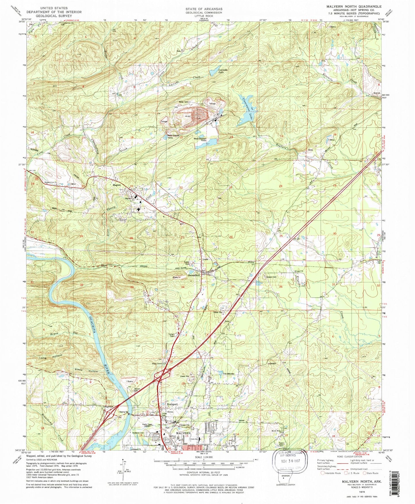 Classic USGS Malvern North Arkansas 7.5'x7.5' Topo Map Image