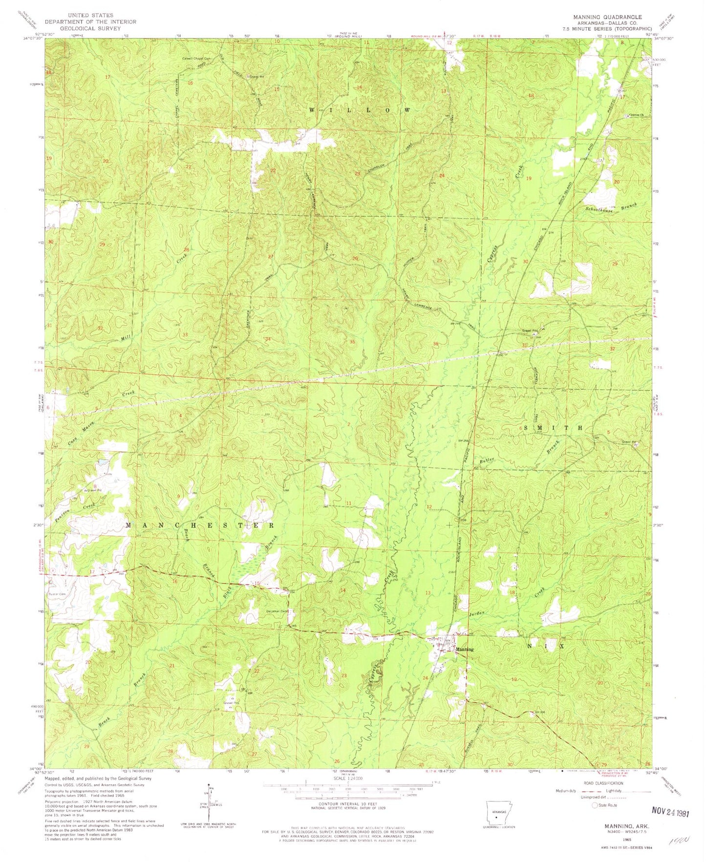 Classic USGS Manning Arkansas 7.5'x7.5' Topo Map Image