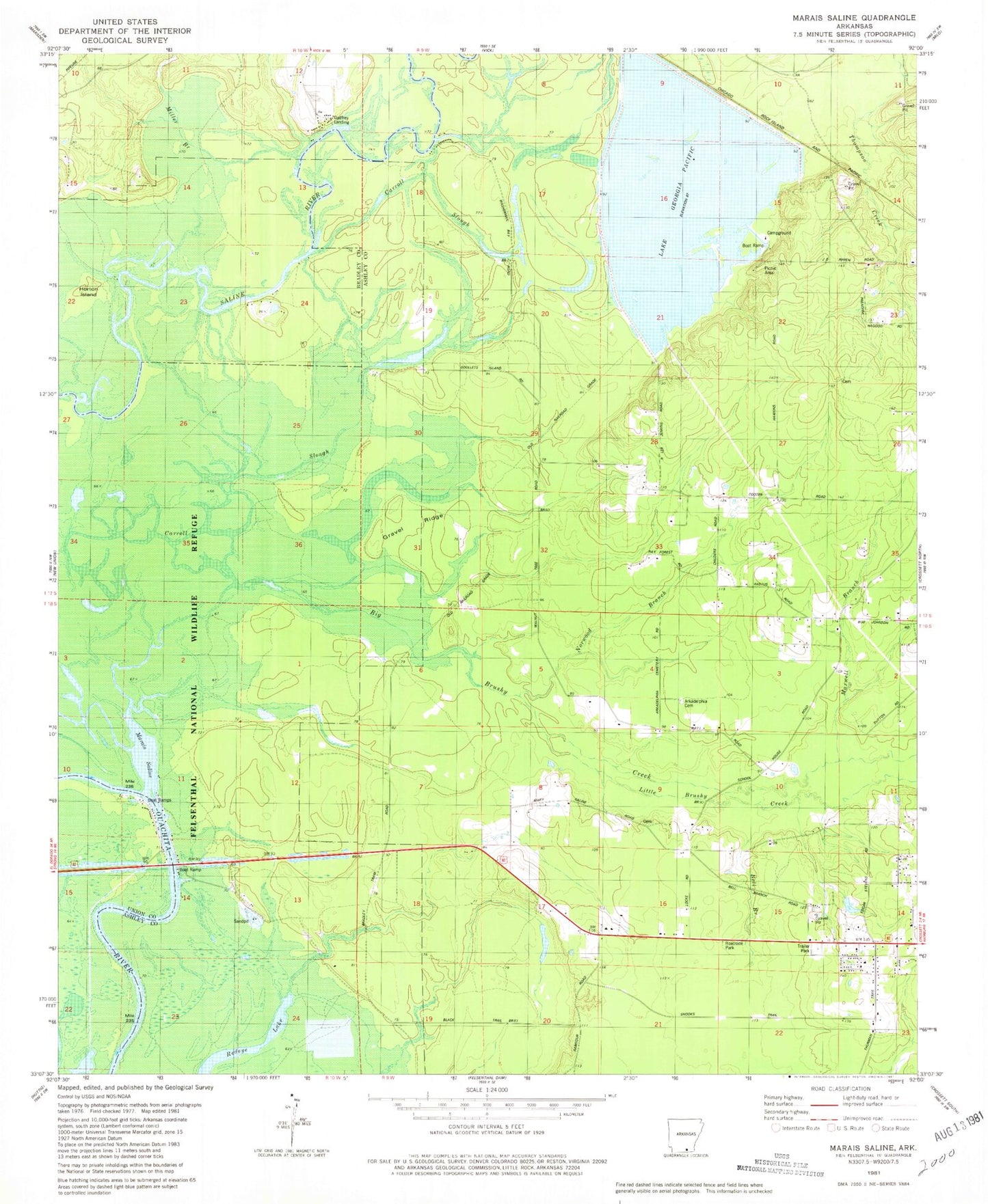 Classic USGS Marais Saline Arkansas 7.5'x7.5' Topo Map Image