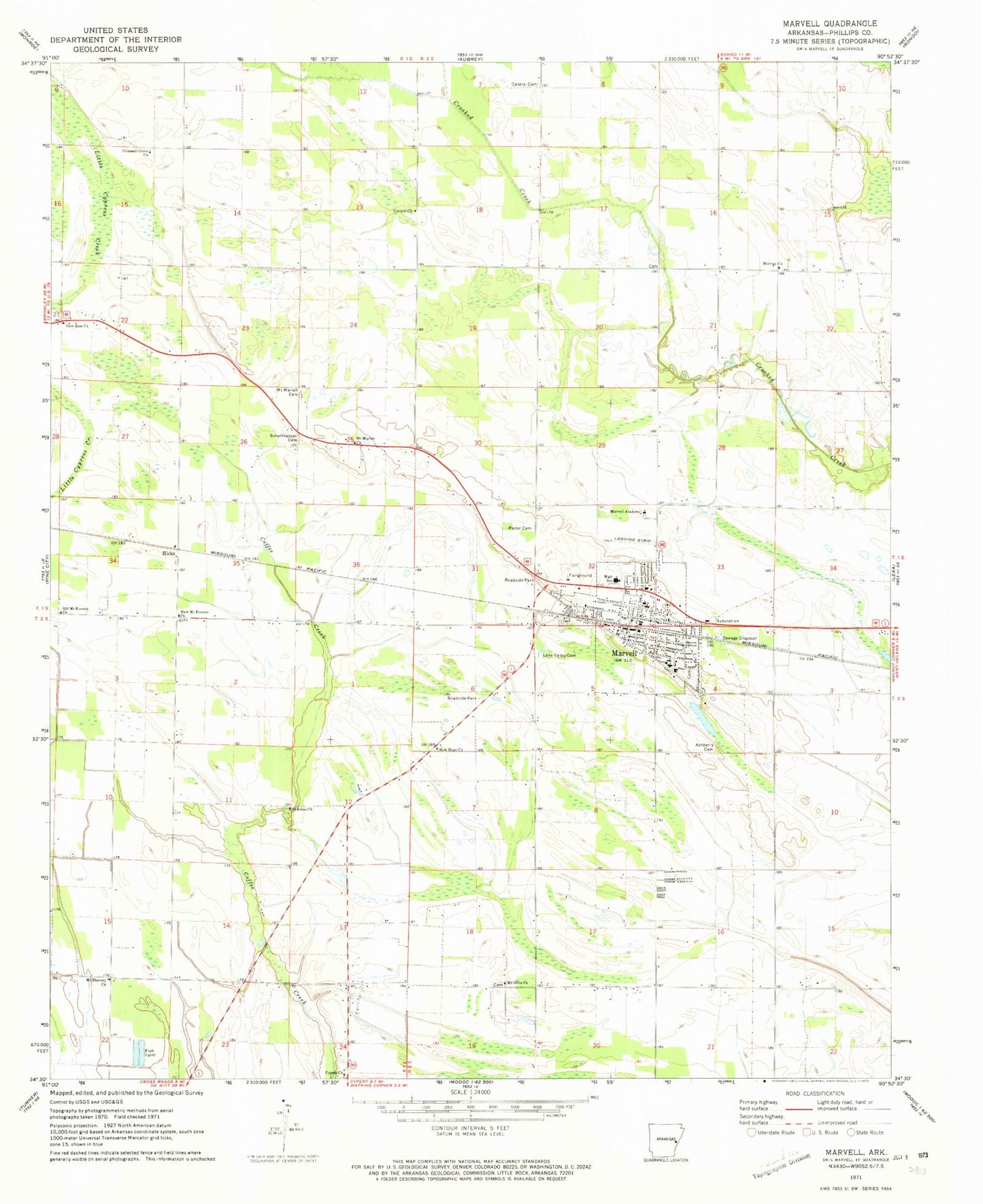 Classic USGS Marvell Arkansas 7.5'x7.5' Topo Map Image