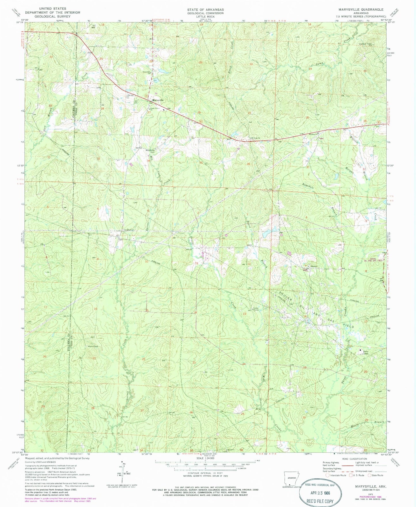 Classic USGS Marysville Arkansas 7.5'x7.5' Topo Map Image