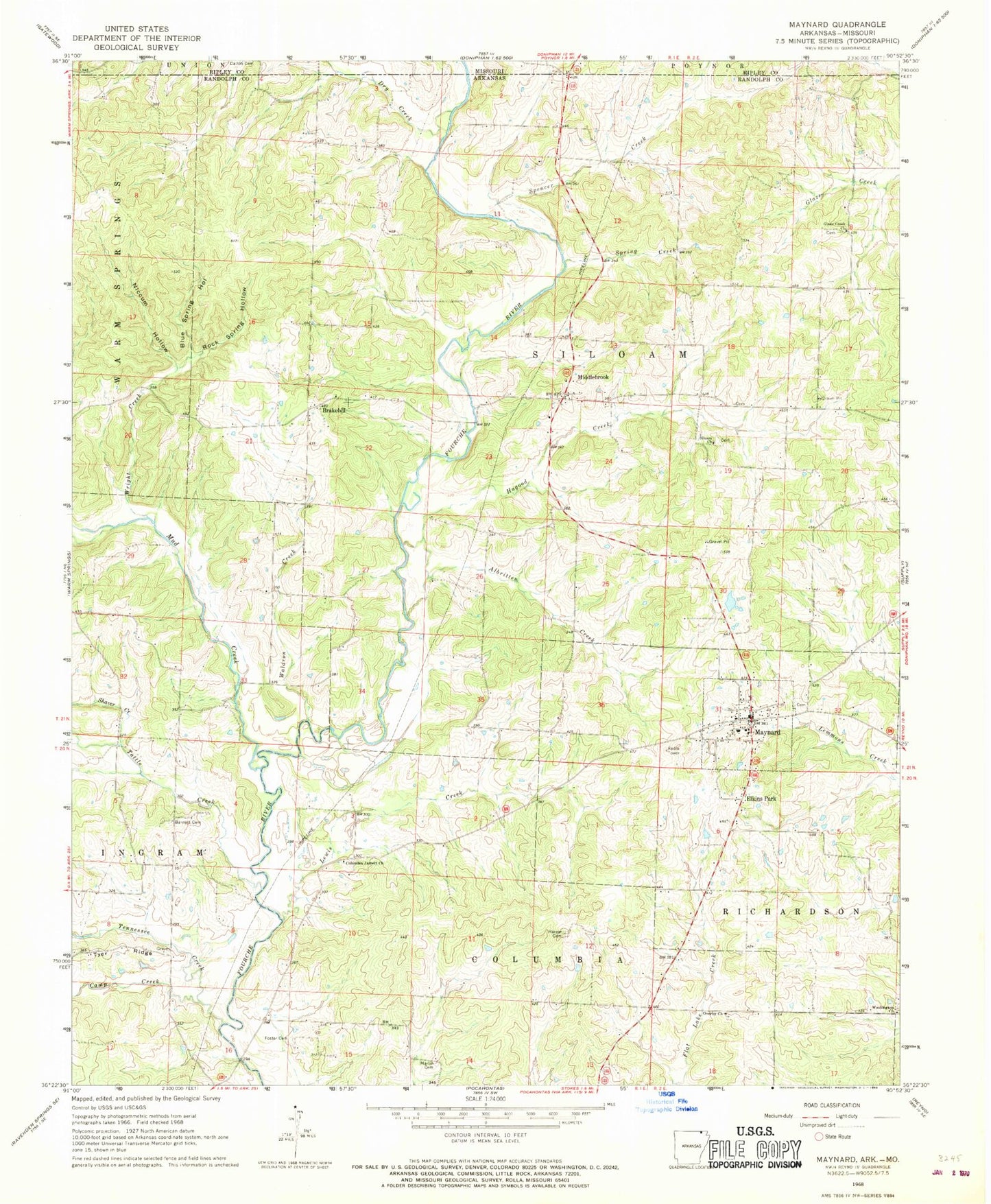 Classic USGS Maynard Arkansas 7.5'x7.5' Topo Map Image